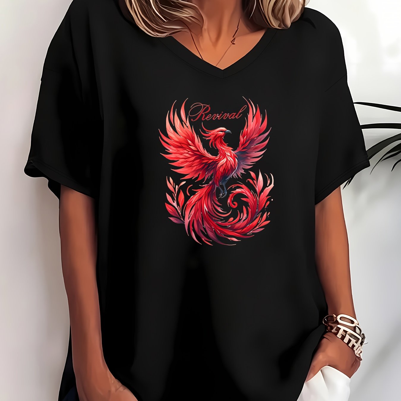 TEMU Plus Size, 1xl To 8xl Women's Plus Size V-neck Short Sleeve T-shirt With Revival Flame Phoenix Graphic Print - Opaque Medium Stretch Fabric,