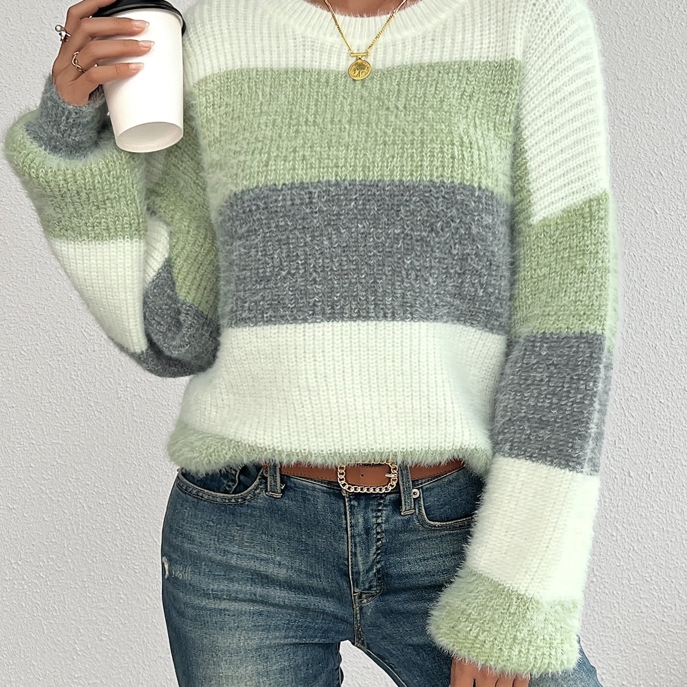 Image of Tj22510 Women's Vintage Striped Sweater - Oversized Pullover With Color-blocking, Soft Round Neck Long Sleeve Top For Fall Winter, Layering Essential, Winter Clothing, Textured Fabric