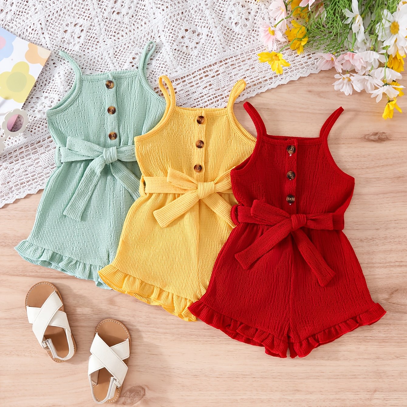 Image of Cute Sleeveless Romper Set For Baby Girls, Featuring A Casual Three-piece Mix With An Elegant Belt, For Outdoor