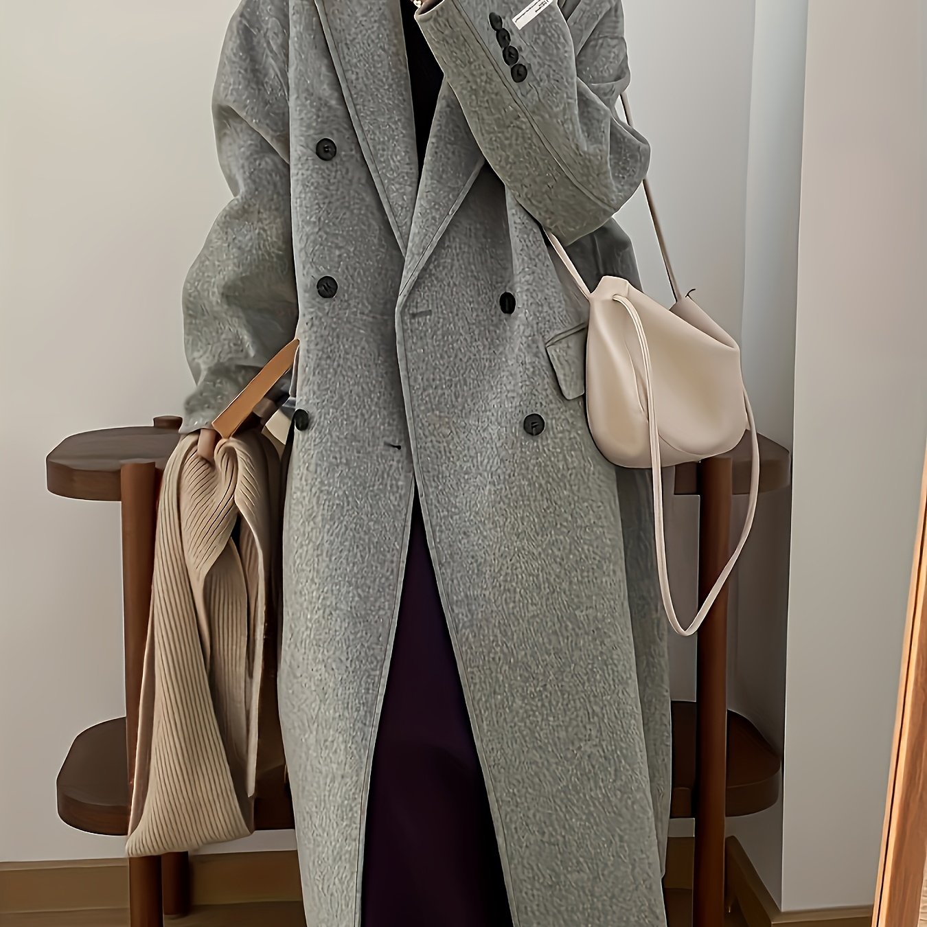 TEMU Double-breasted Lapel Collar Overcoat, Elegant Long Sleeve Mid-length Outerwear For Fall & Winter, Women's Clothing