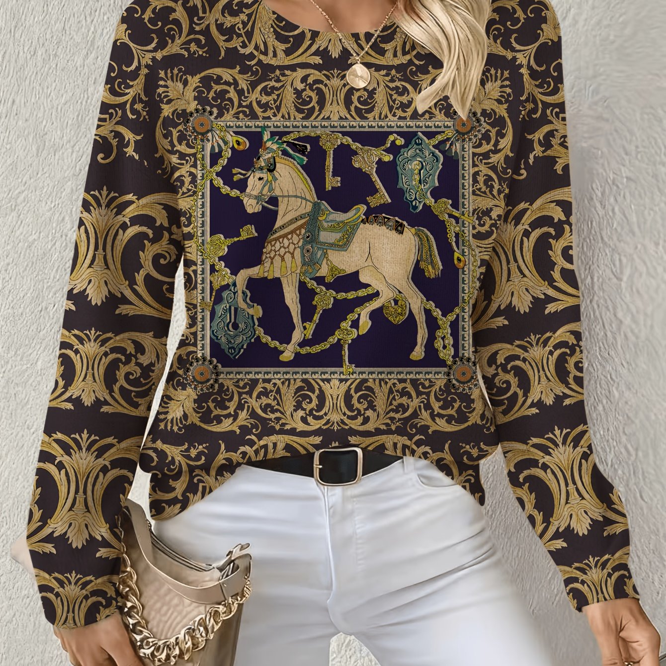 TEMU Women's Round Neck Sweater Asd1, New Printed Loose Fit Design, Soft And Skin-friendly, Suitable For , Top For Office, Streetwear, Home, ,