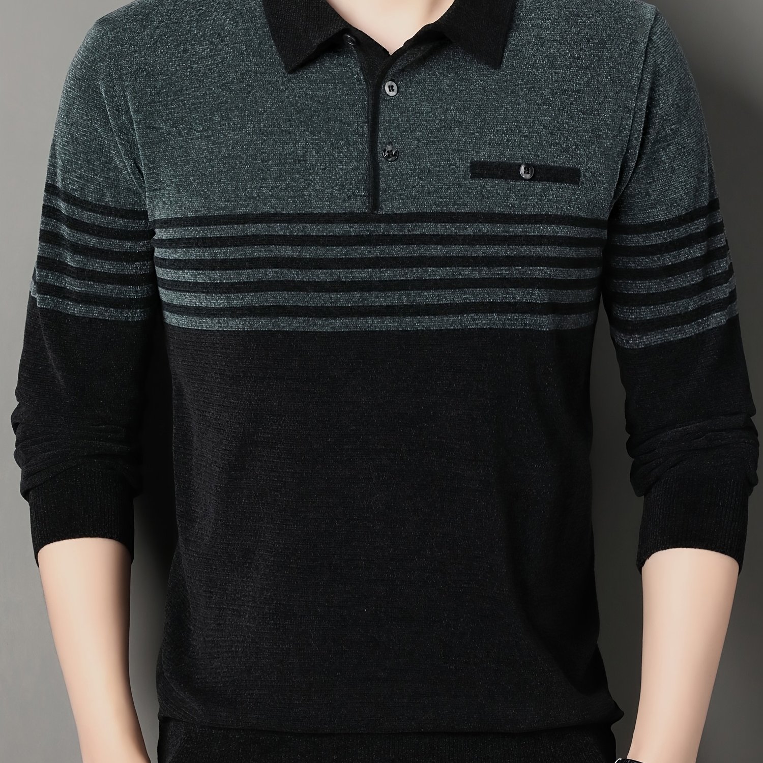 TEMU Men's Autumn/winter Long-sleeve Knit Sweater Lapel Top T-shirt, Warm, Stylish, And Casual, Suitable For Daily Wear