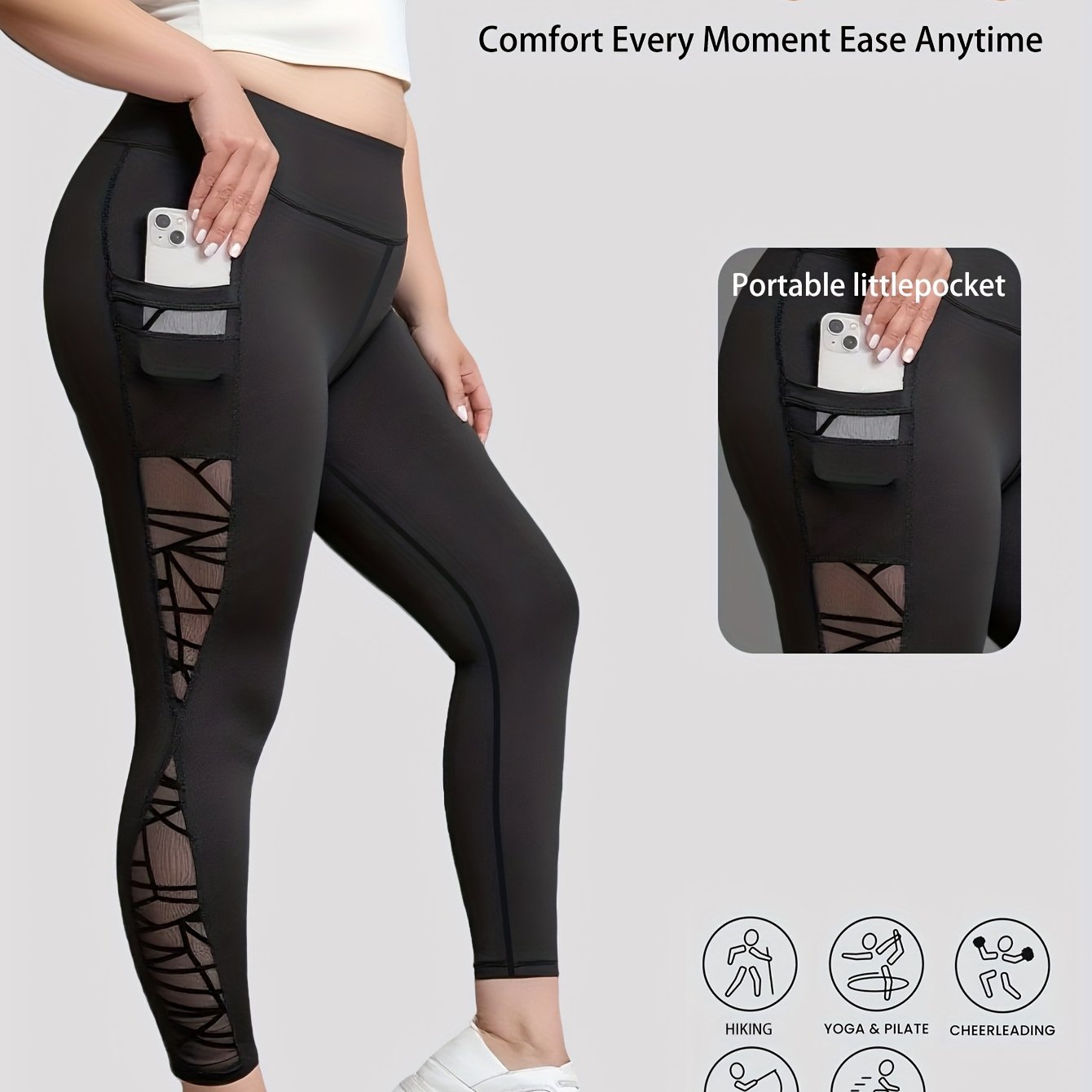 1pc Women's Plus-size Yoga Pants, Mesh Panel Yoga Pants, For Running, Exercise, Cycling, High-waisted, Side Pockets, Plus-size Tight-fitting Leggings