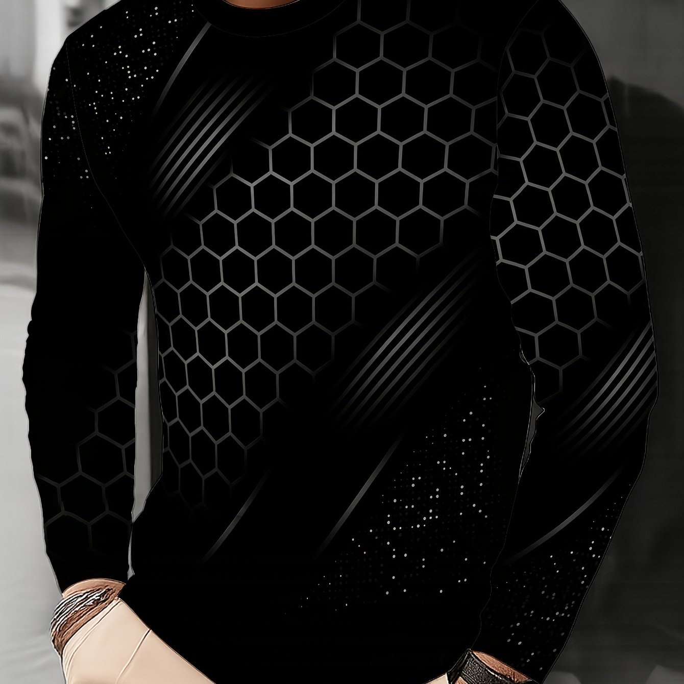 TEMU Printed Design - Not Textured Men's Long-sleeve Sports Sweatshirt, Black Honeycomb Geometric Print, Casual And Fashionable Top, Trendy And