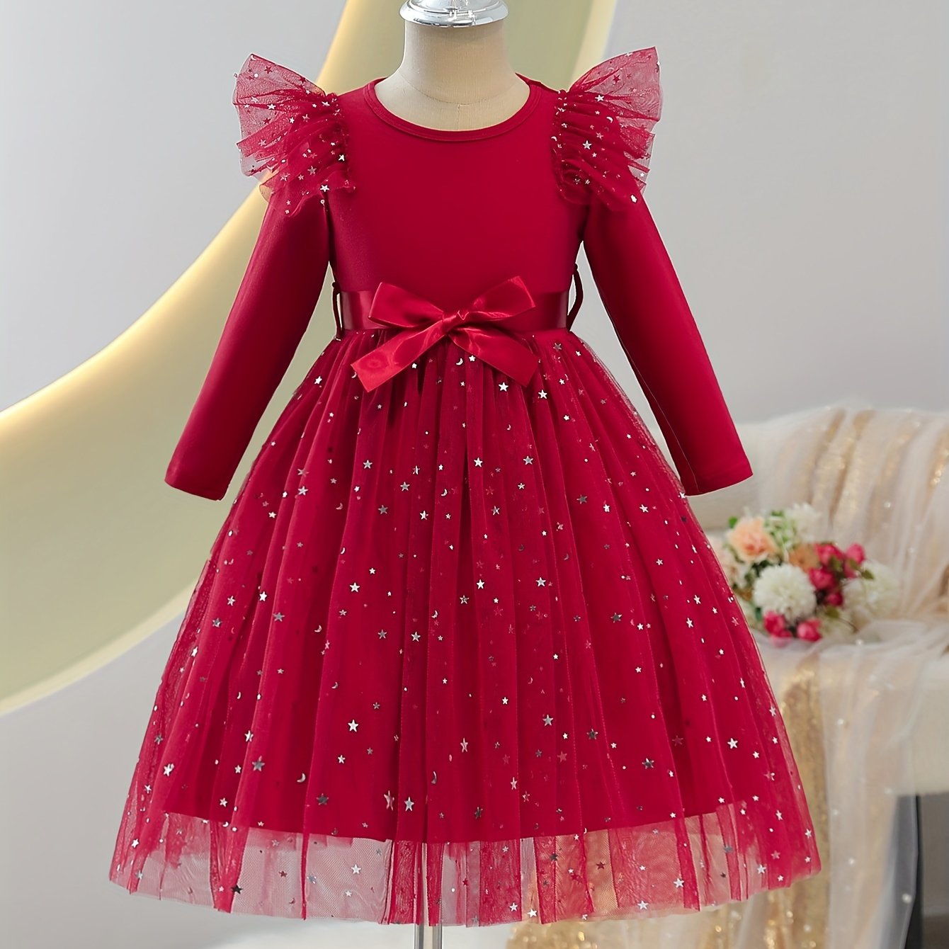 3 Years Old Girls Autumn Winter Mid-length Long Sleeve Dress Shoulder Mesh Solid Comfortable Dress Star Sequined Mesh Skirt Casual Dress