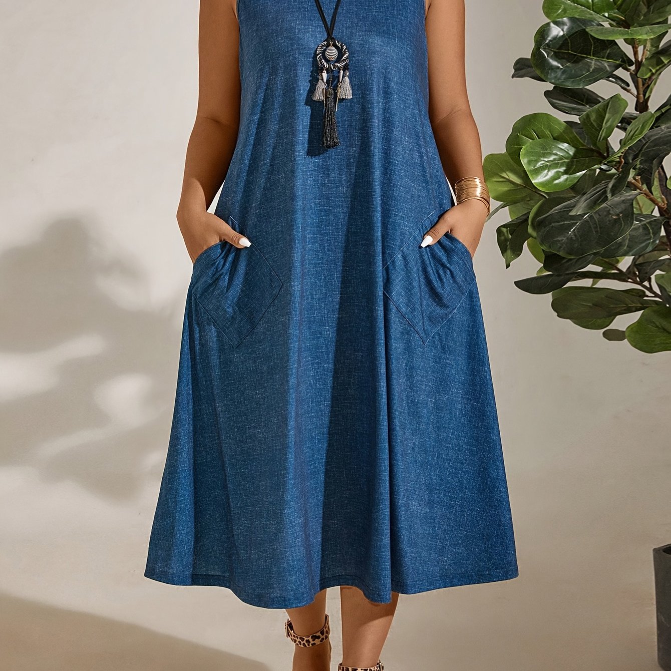 TEMU Spring Summer Festival Easy Fashionable Elegant Blue Solid Round Neck Sleeveless Pocket Long Dress Women's Dress