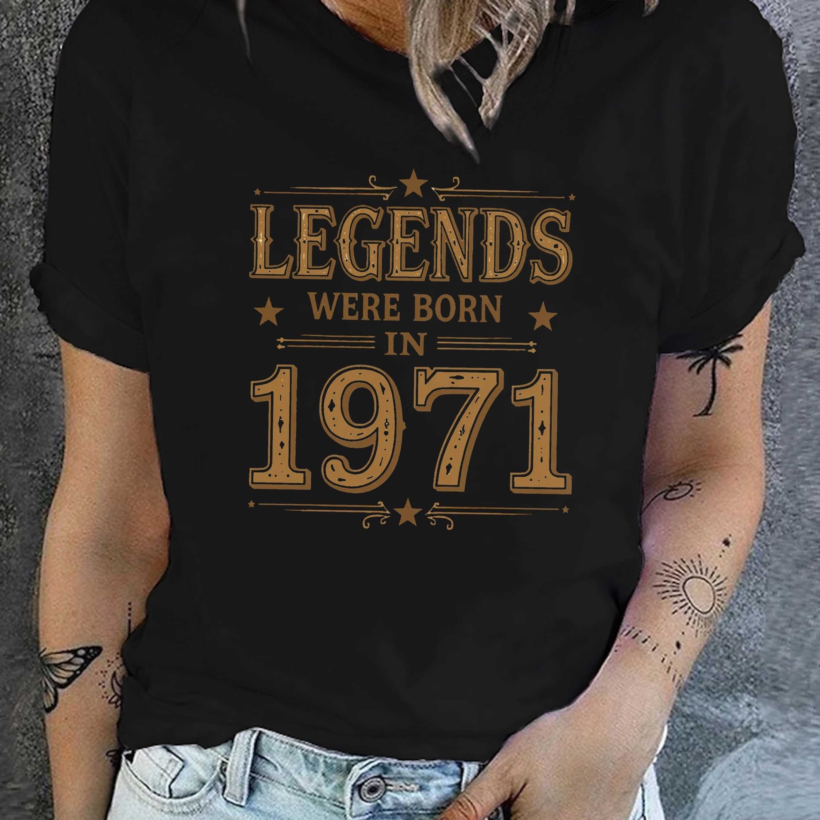 TEMU Women's 1971 Birth Year T-shirt - Short Sleeve Crew Neck Casual Top With " Born In 1971" Print - Medium- For - 1971-themed Apparel For Wear
