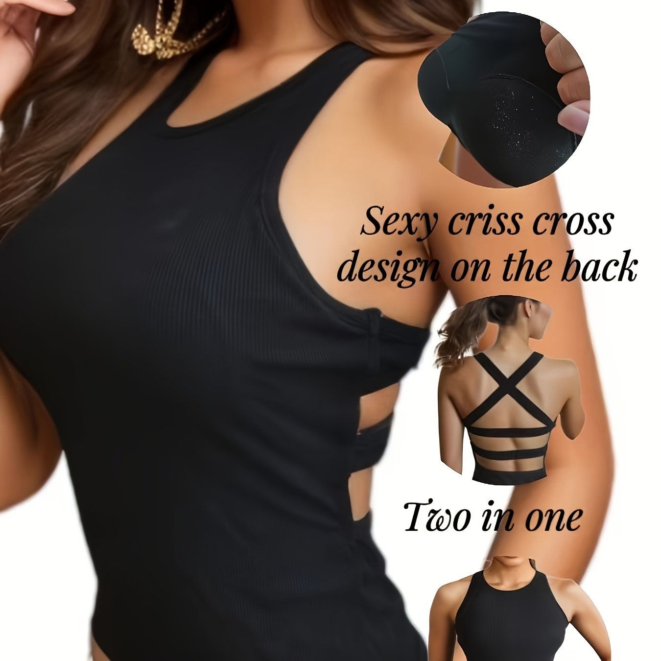 Image of Simple Solid Ribbed Tank Top, Backless Slim Padded Top, Women's Lingerie & Underwear