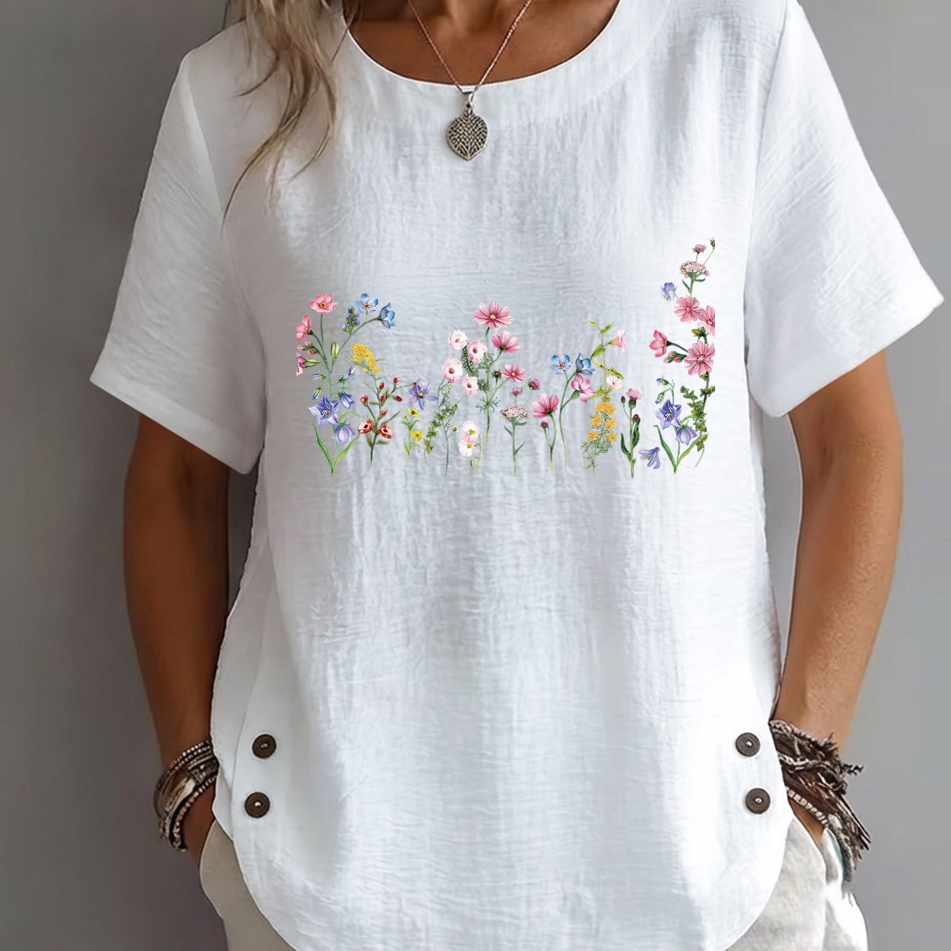 TEMU Spring Summer Women's New Clothing Fresh Watercolor Wildflowers Bellflower Acacia Printed Mature Casual Round Neck Short Sleeve Elegant Attire