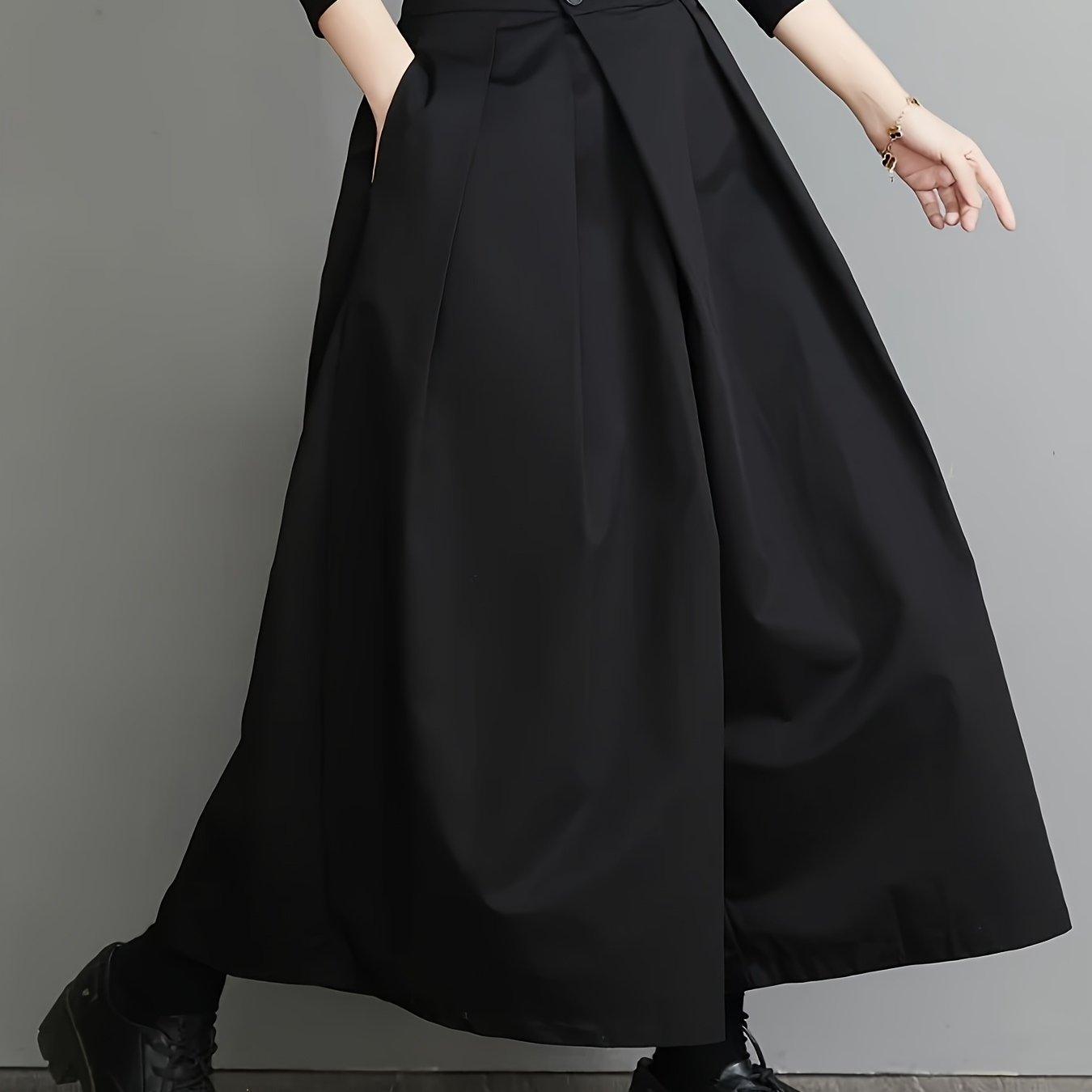 Image of 3013 Women's Elegant Black Wide-leg Harem Pants - Solid Color Non-stretch Trousers With Button Detail, Hand Wash Spring Summer Fall Casual & Formal Wear, , Design, Versatile Bottoms, , , Adult Women
