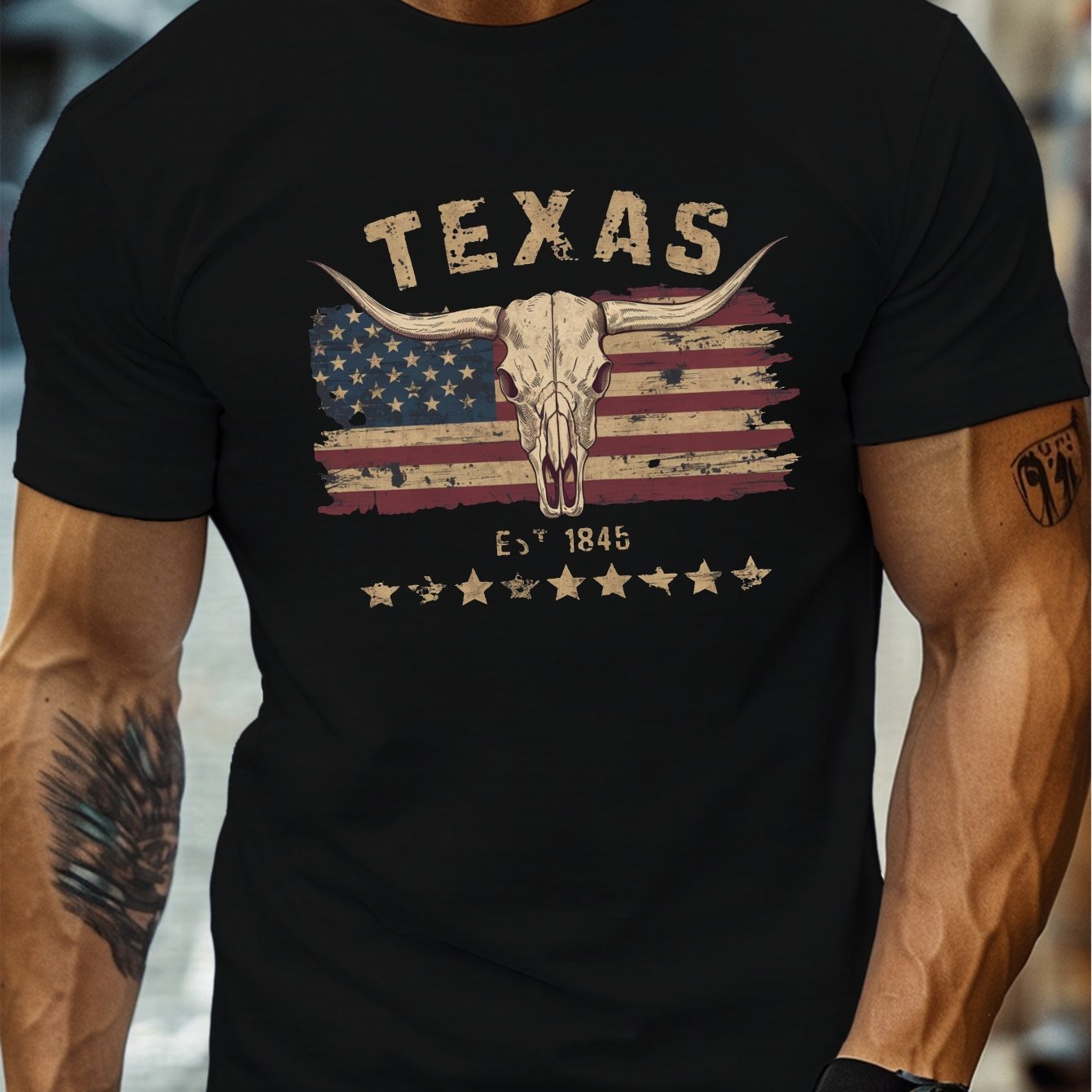 TEMU Weathered Five-pointed Star, American Western Cowboy, Retro Style Printed Men's T-shirt- Fashion- Design, Extremely Breathable In Summer, Street