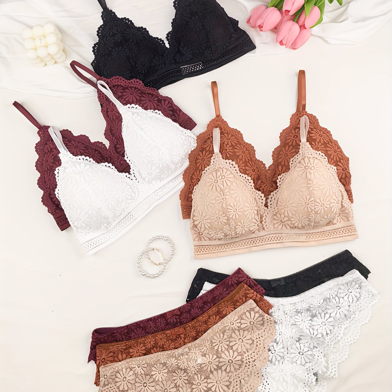 E-shop 10er-Pack Blumenmuster Spitzen BH und Slips Set, Romantisches Dreieck Cup Hollow Edge Dessous Set