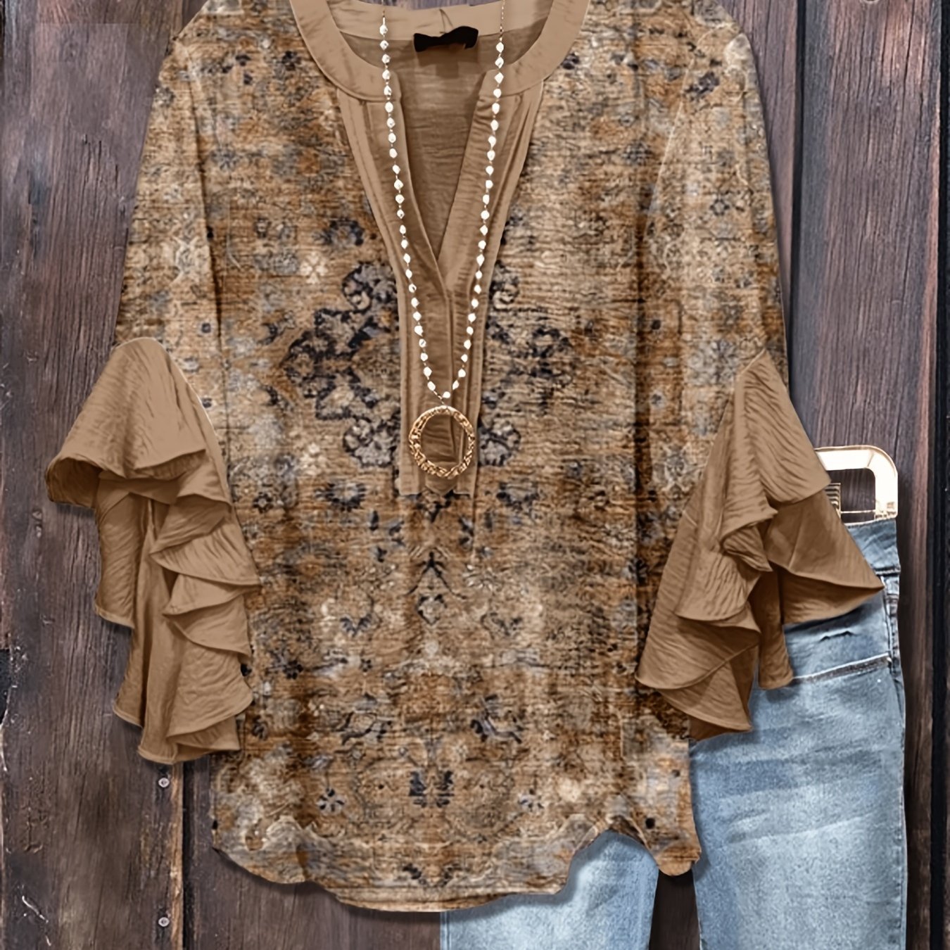 Image of New Arrival Women's Ruffle Sleeve Top, Vintage Carpet Totem Print, Summer Cool& Comfortable Blouse, Fashion Versatile Design Outdoor Streetwear