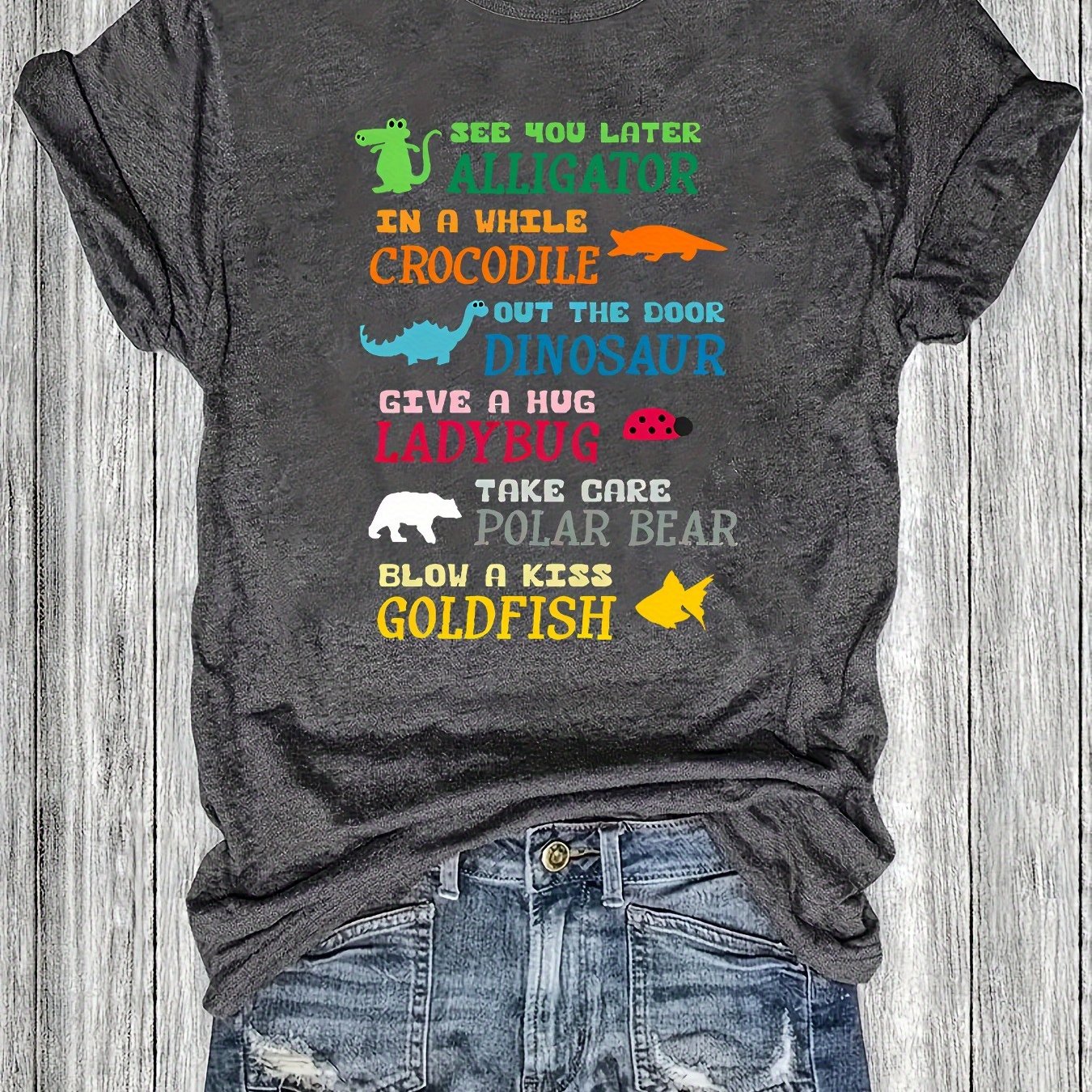 TEMU T-shirt décontracté à manches courtes et col rond avec motif d'animaux mignons, du collection tendance pour femmes