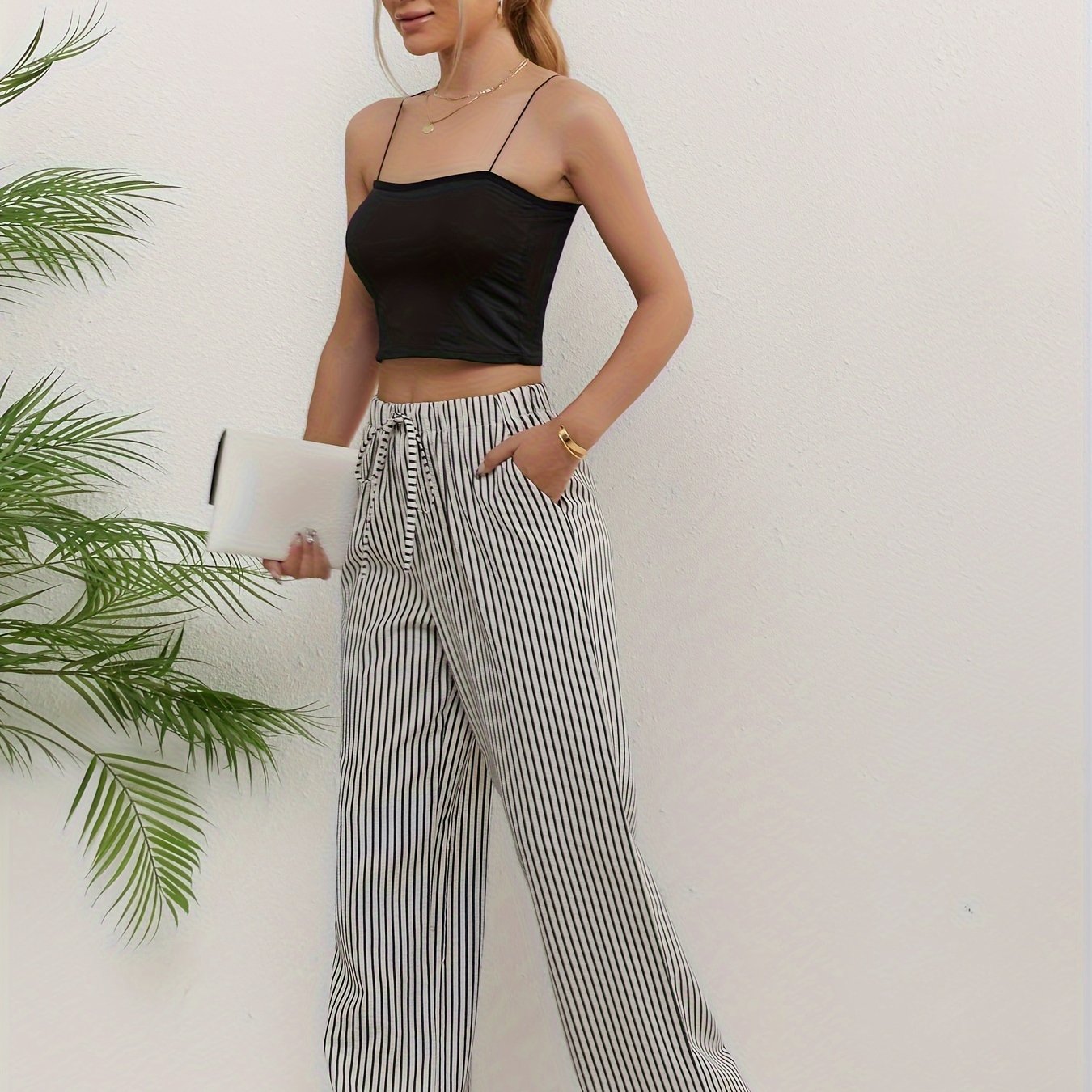 TEMU Striped Women's Casual Pants, Lazy Style Elastic Waist Drawstring Loose Versatile Textured Wide Leg Long Pants