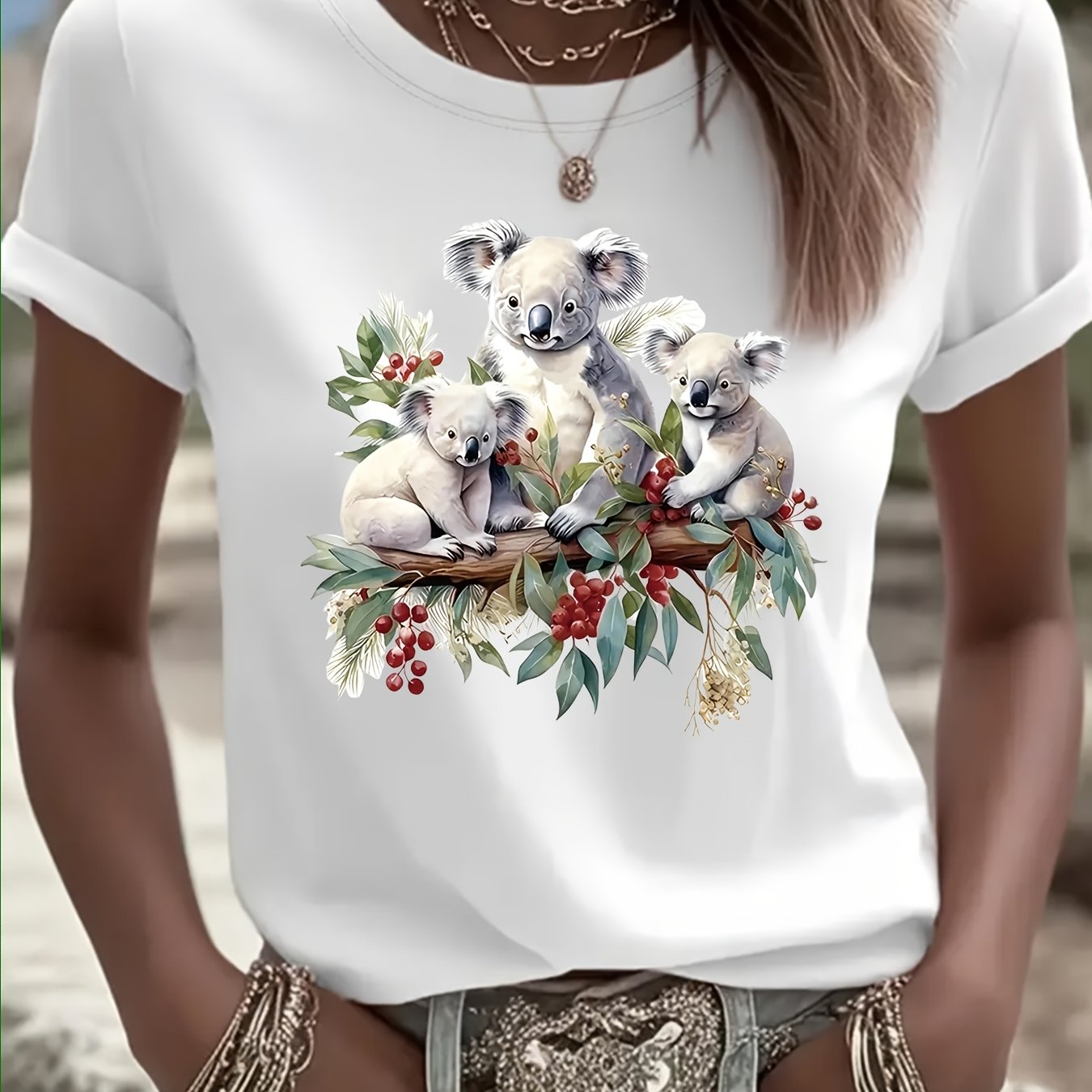 TEMU Women's Koala & Eucalyptus Leaf T-shirt - Australian Wildlife Round Neck Casual Tee, Short Sleeve Blouse For Casual Attire, Machine Washable