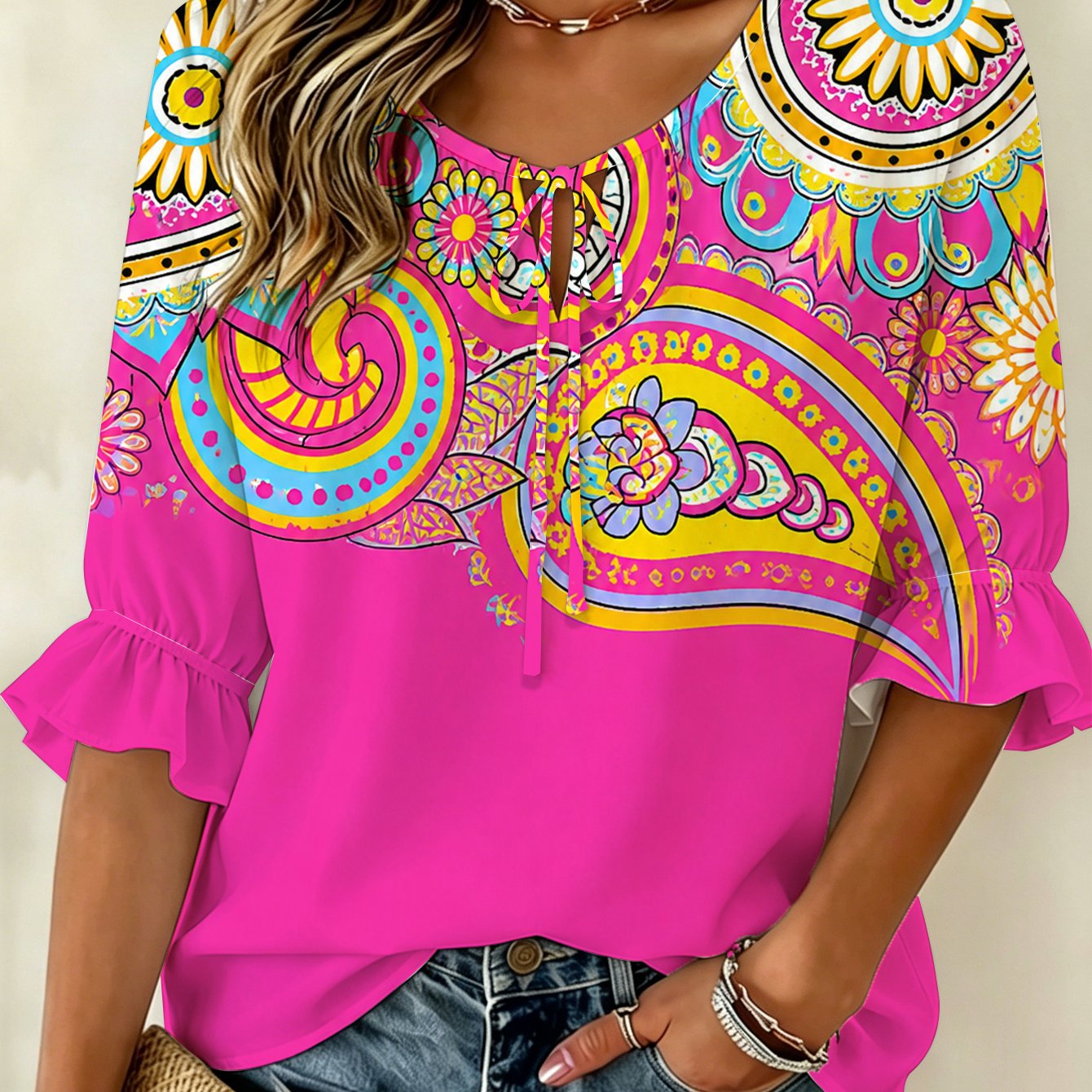 Image of Plus Size, Vibrant Floral Shirt, Three-quarter Sleeves That Conceal And Slim Figure, Loose-fitting Tie-waist Ruffle Top, Short-sleeved Top Plus-size, Suitable Dinner Parties And Holidays