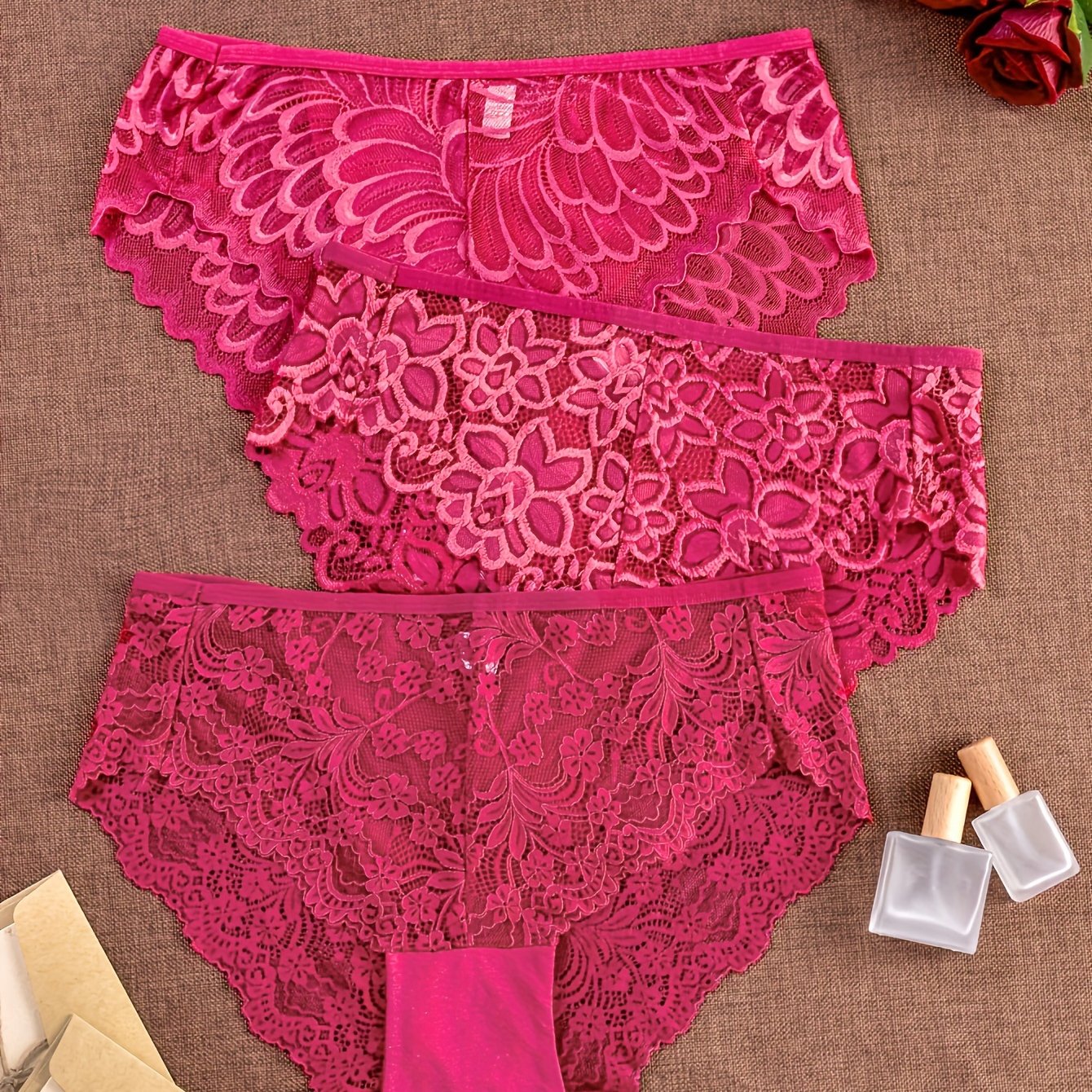3pcs Plus Size Christmas Plus Size Women's Panties Comfortable Breathable Small Floral Lace Panties
