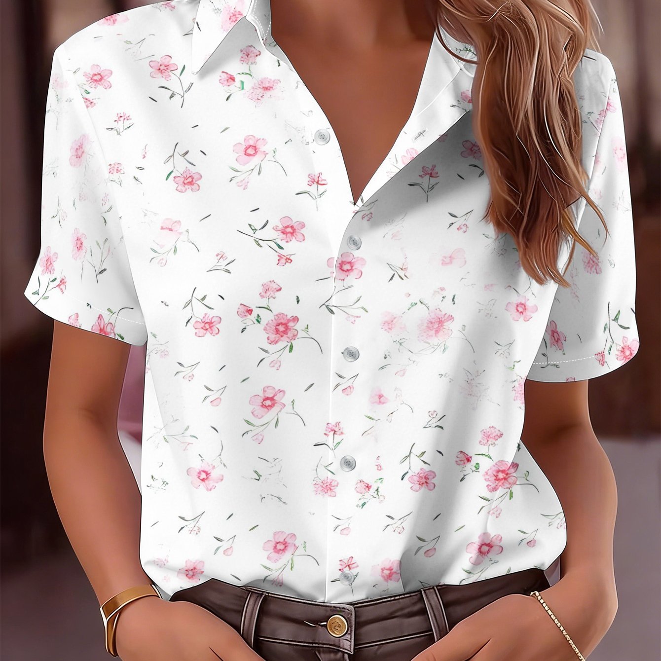TEMU 2026 Women's Short-sleeved Shirt, Print, Fashionable, Versatile, Daily , Dating, Casual, Easy, Temperament, Slim Fit, Shirt, Machine Washable