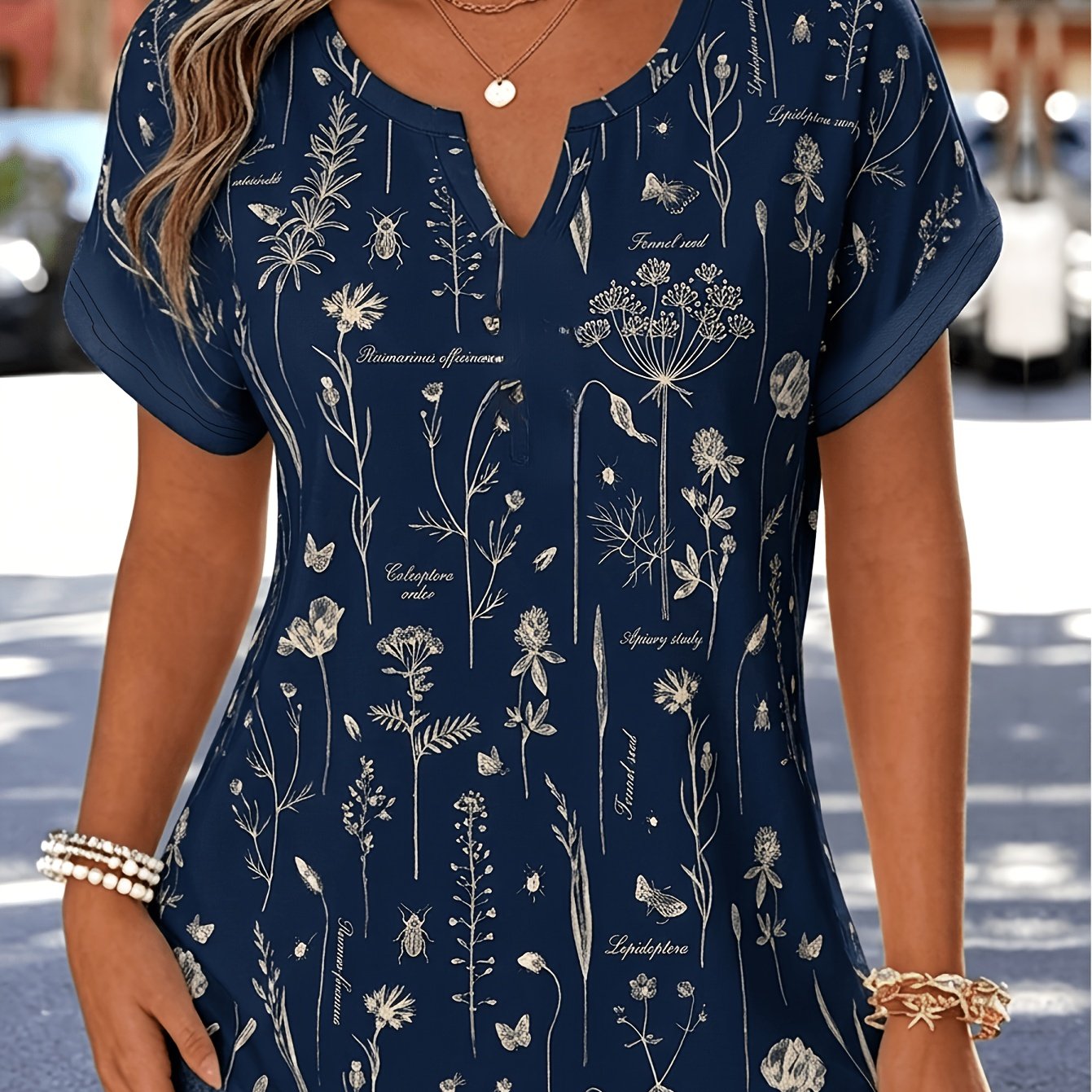 TEMU Plus Size - Retro Botanical Specimen Print V-neck Short Sleeve T-shirt Women's Summer Temperament Top