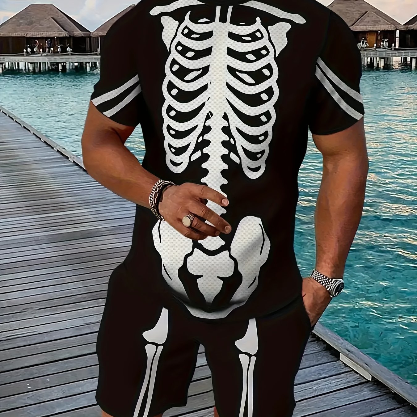 TEMU Halloween Men&;s Novelty T-shirt And Shorts 2pcs Set. Comfortable And Breathable, Machine Washable