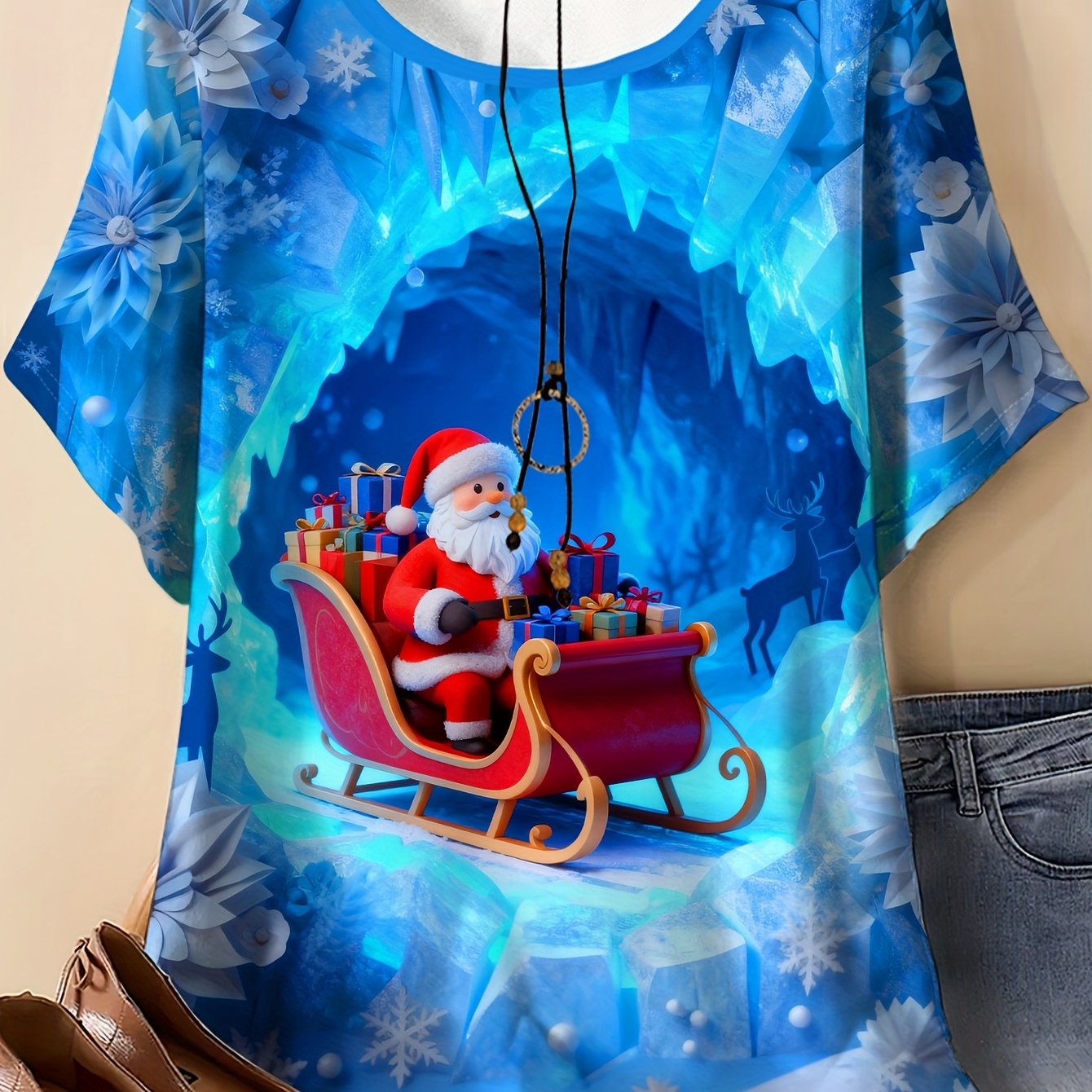 TEMU Plus Size, Santa Claus Riding A Red Sleigh Full Of Gifts, With An Background, Snowflakes, And Reindeer. Christmas-themed Plus-size Women's