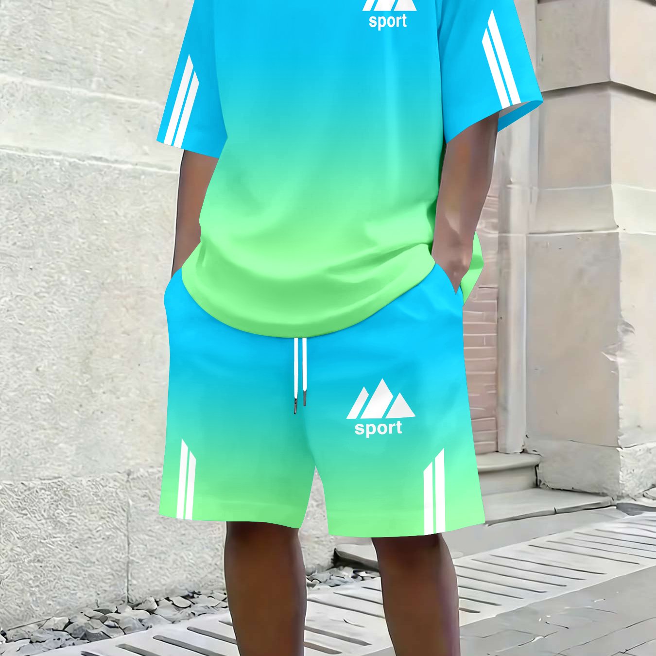 TEMU Men's Summer Gradient Homeswear Set, Trendy Brand Mountain Print Short Sleeve Shirt And Shorts, Casual Hmewear 2pcs Set