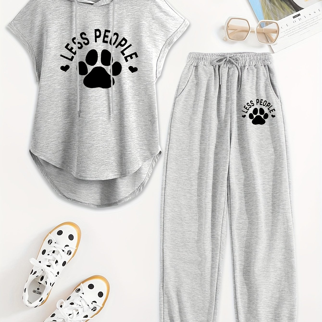 TEMU Women' Piece Drawstring Sleeveless Hooded Top Summer Letter Print Pants, Elastic Waist Casual Pants, Pants Set