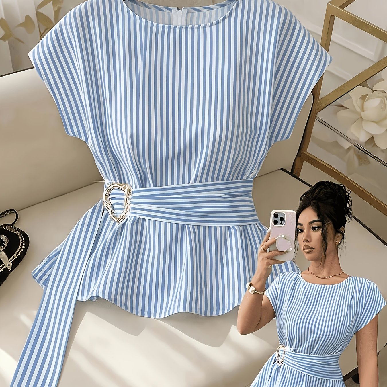 TEMU Dj260319532 Women's Spring/summer Fashionable And Elegant Blue And White Striped Shirt, Short Sleeve With Pleated Design, With A Belt, Slim Fit,