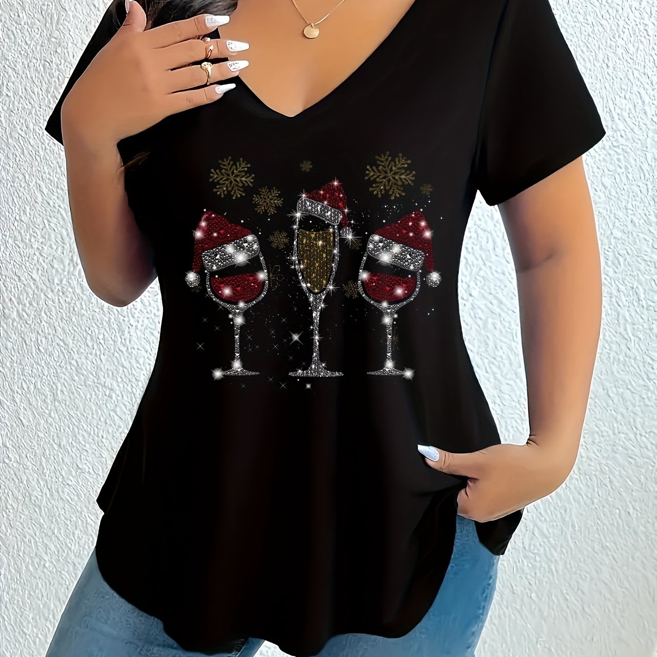 TEMU Plus Size, Plus Size Women's V-neck Solid Color Geometric Pattern T-shirt