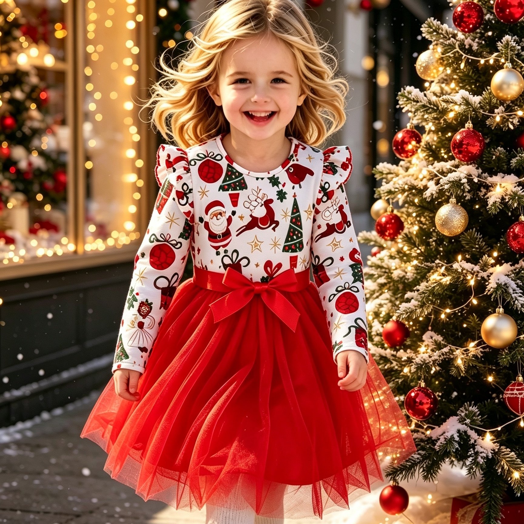 Image of Girls' Dress, Autumn Winter Knit Knee-length Skirt, Round Neck Flutter Sleeves Casual, Christmas Party Tulle Skirt, Gathering Dress, Christmas Gift