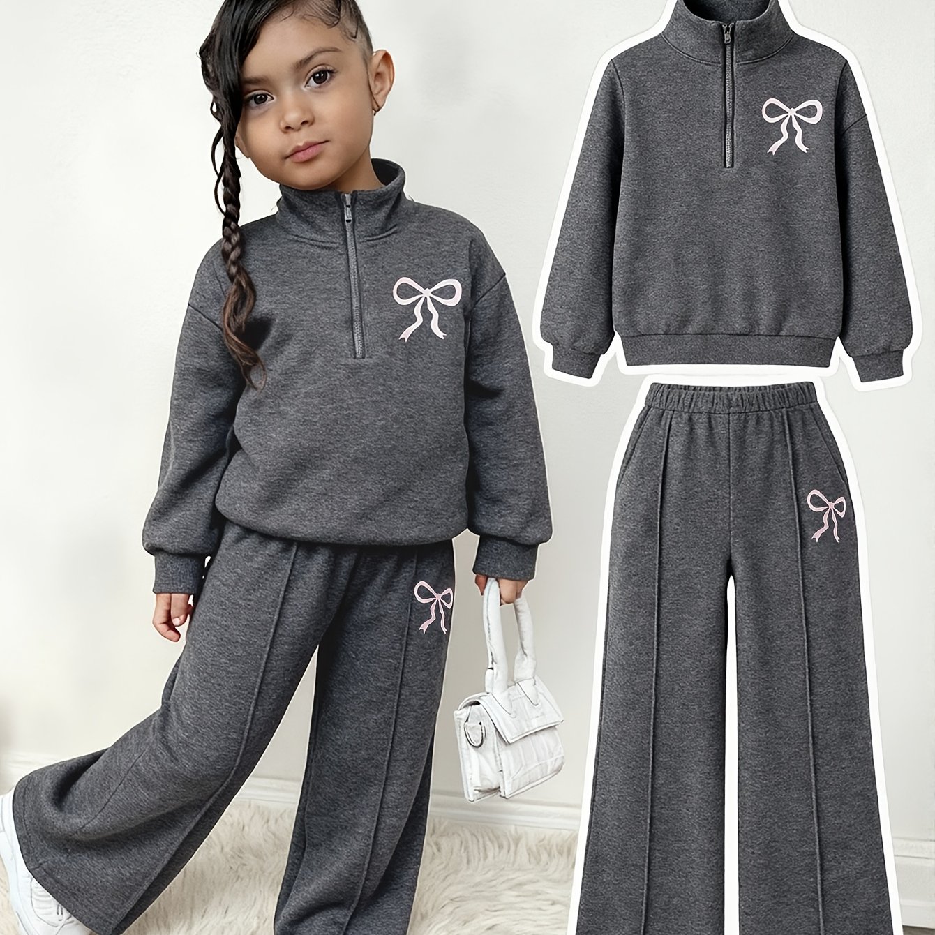 A Two-piece Set Of Zipper Fleece Hoodie And Pants For Baby Girls In Autumn And Winter, With Print, Fashionable And Casual Outfit, Comfortable Fabric, A Gift For Children, For Outdoor