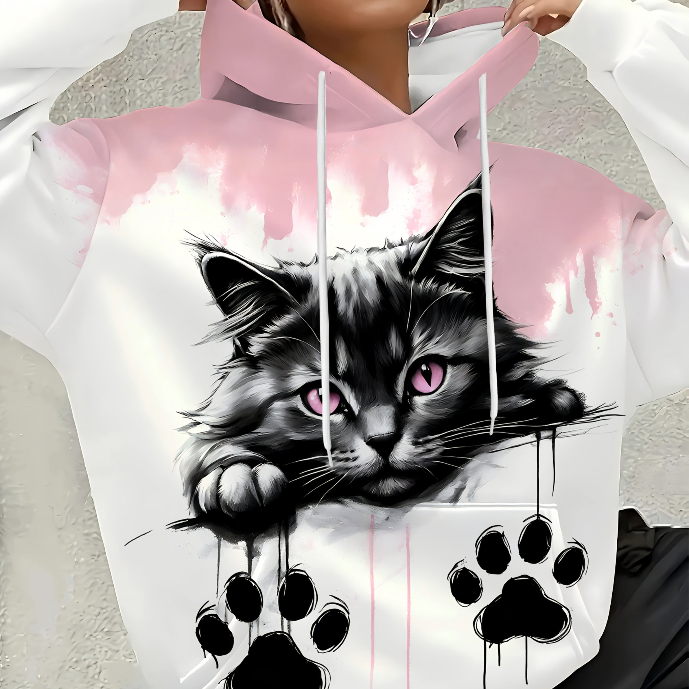 TEMU Plus Size - Plus Size - Plus Size Women's Casual Hooded Sweatshirt With Pockets, Cute Cat Pattern Print, Background, , Plus Size Women's