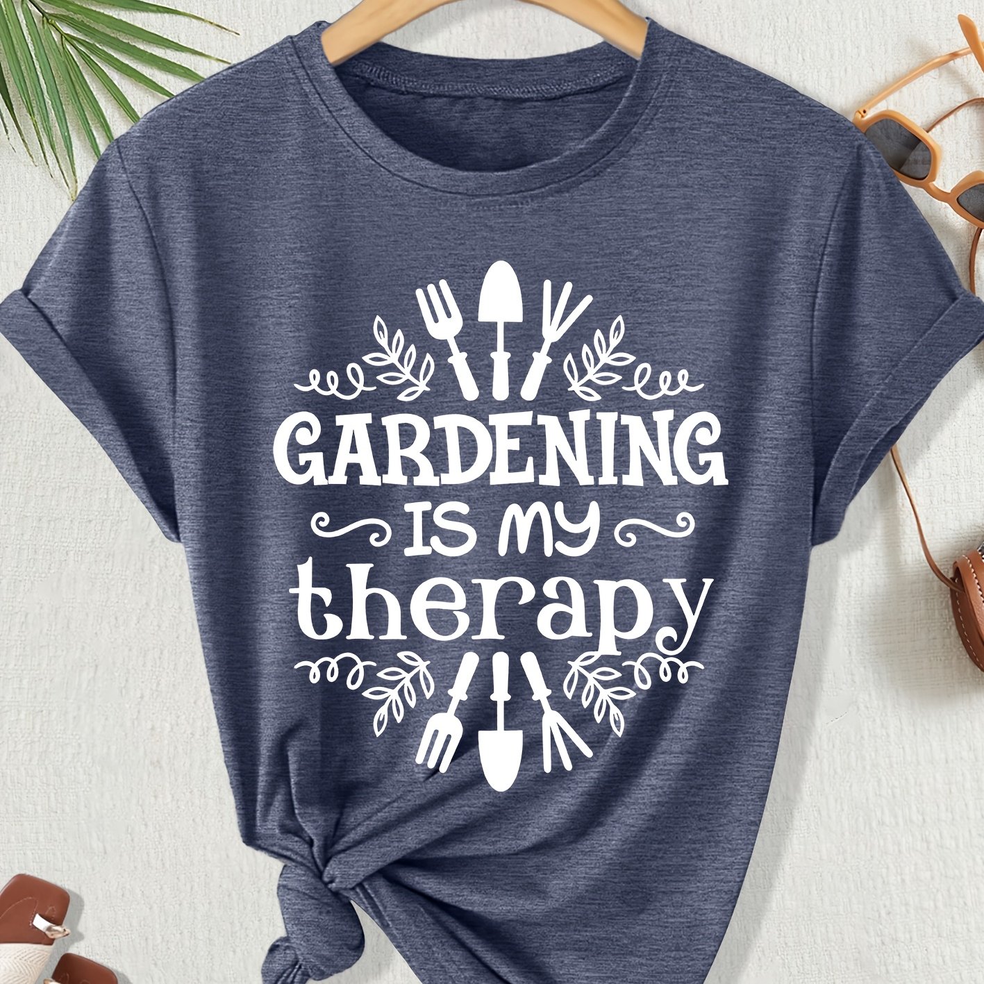 TEMU Spring And Summer Women's Short-sleeve T-shirt With The Print 'gardening Is My Therapy', Featuring A Round Neck, , And Loose Fit. A Fashionable