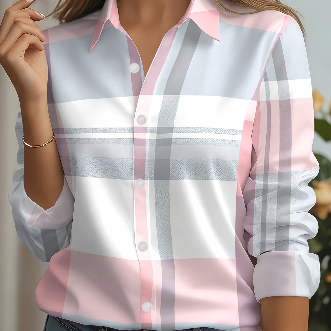 TEMU Chemise à Manches Longues pour Femmes, Imprimé à Carreaux Rose et Violet Frais, Haut Polyvalent Décontracté et Tendance pour les Quotidiens,
