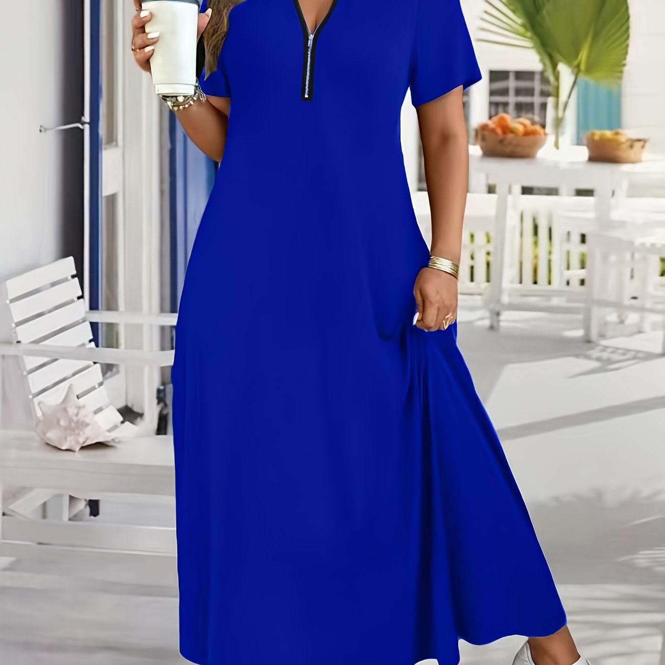 TEMU Plus Size - Plus Size - A New Summer French High-end And Waist-cinching Short-sleeved Shirt With A Neck And A Zipper Design