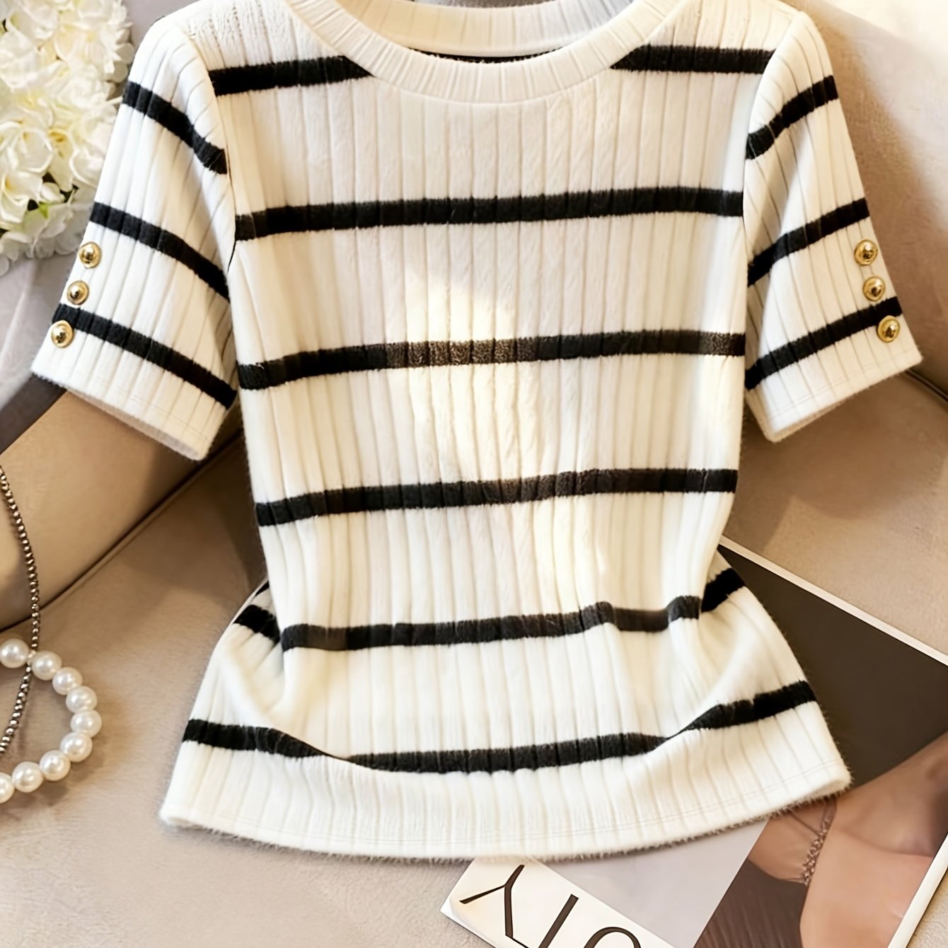 TEMU Women's Summer Elegant Round Neck Short Sleeve Slim Striped Ribbed Women's T-shirt