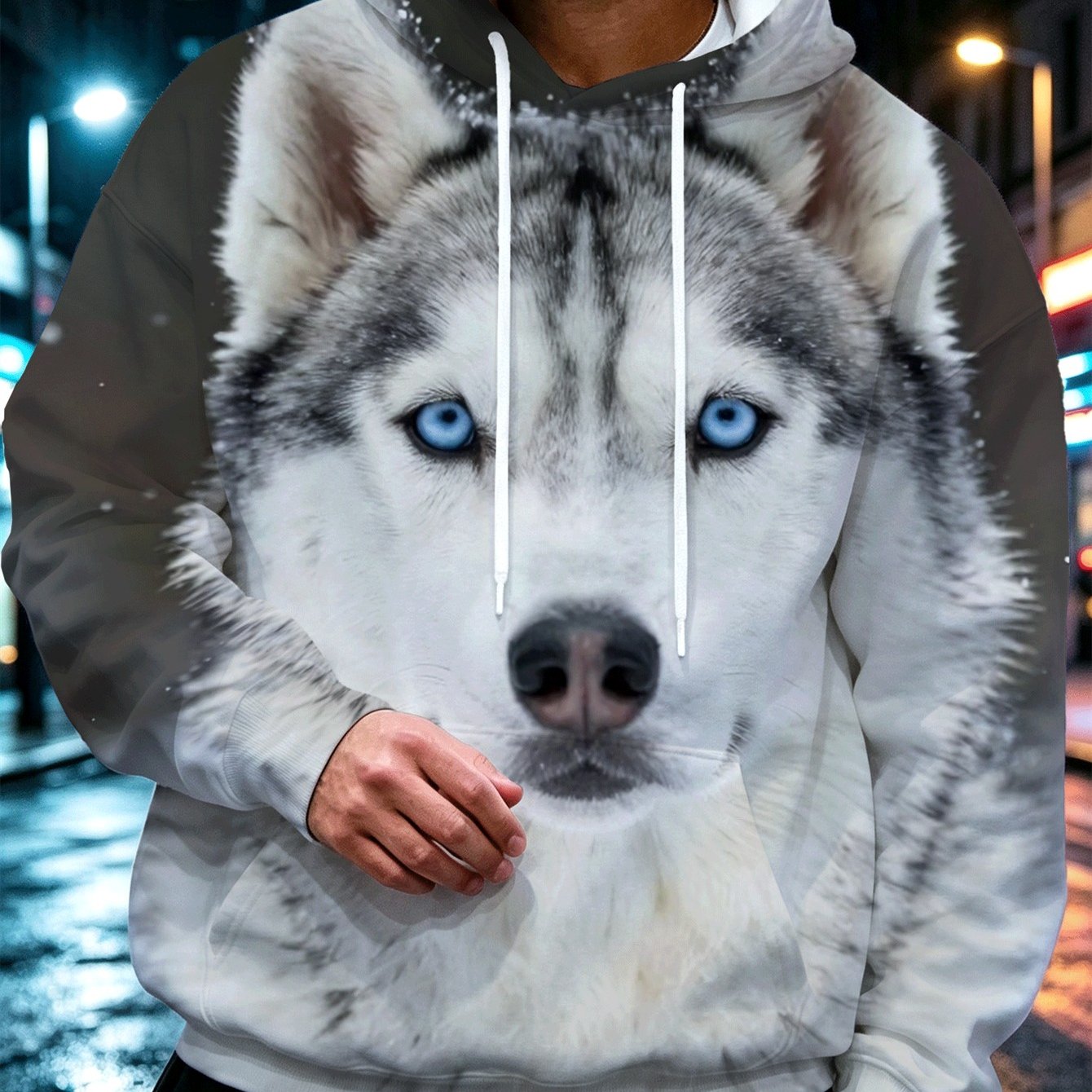 Image of Men's 3d Full Print Hoodie Long Sleeve Drawstring Pullover With Kangaroo Pocket Featuring A Stunning Husky Design With And Snowy Ears Trendy Stylish Versatile For Winter Outdoor Activities