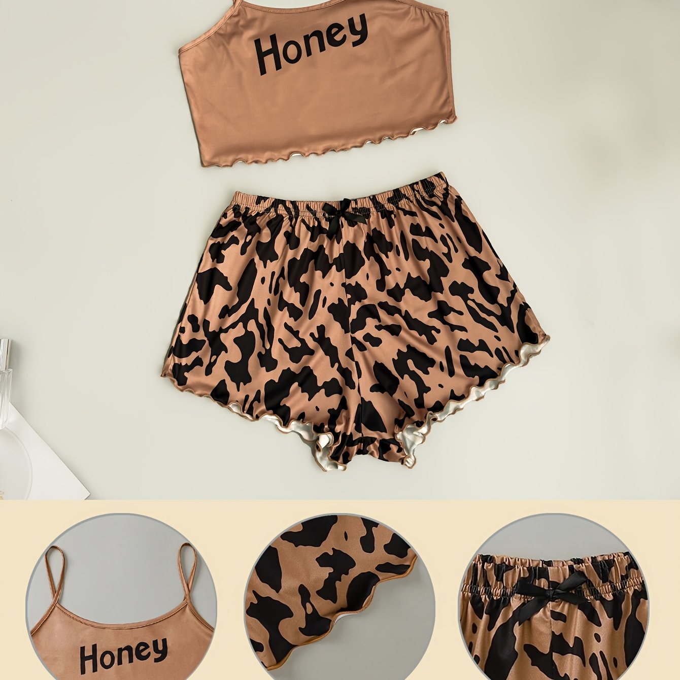 TEMU Ensemble de pyjama Cami avec bordure gaufrée et motif de lettres