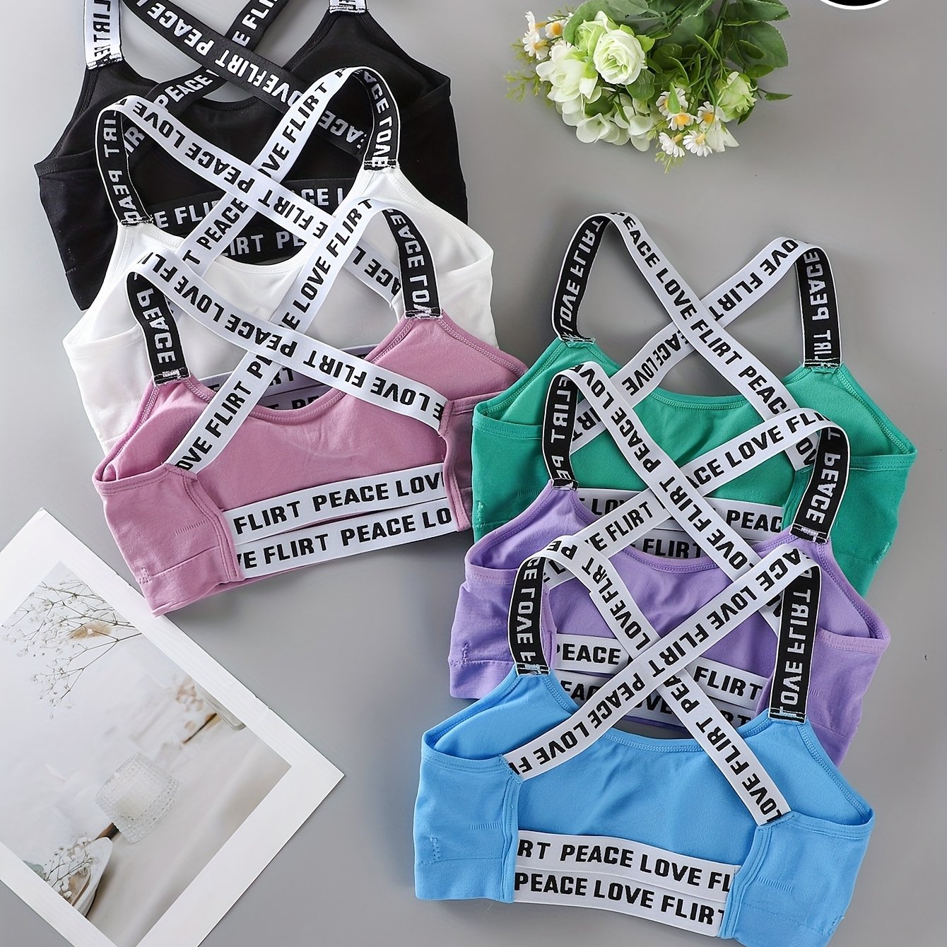 Image of 6pcs Women's Floral Print Sports Bras - Medium Support, Removable Pads, Cross-, Comfortable Yoga & Workout Tops In Pink, Blue, Green, White, Black, Beige, Yoga Apparel | Floral Print Design |