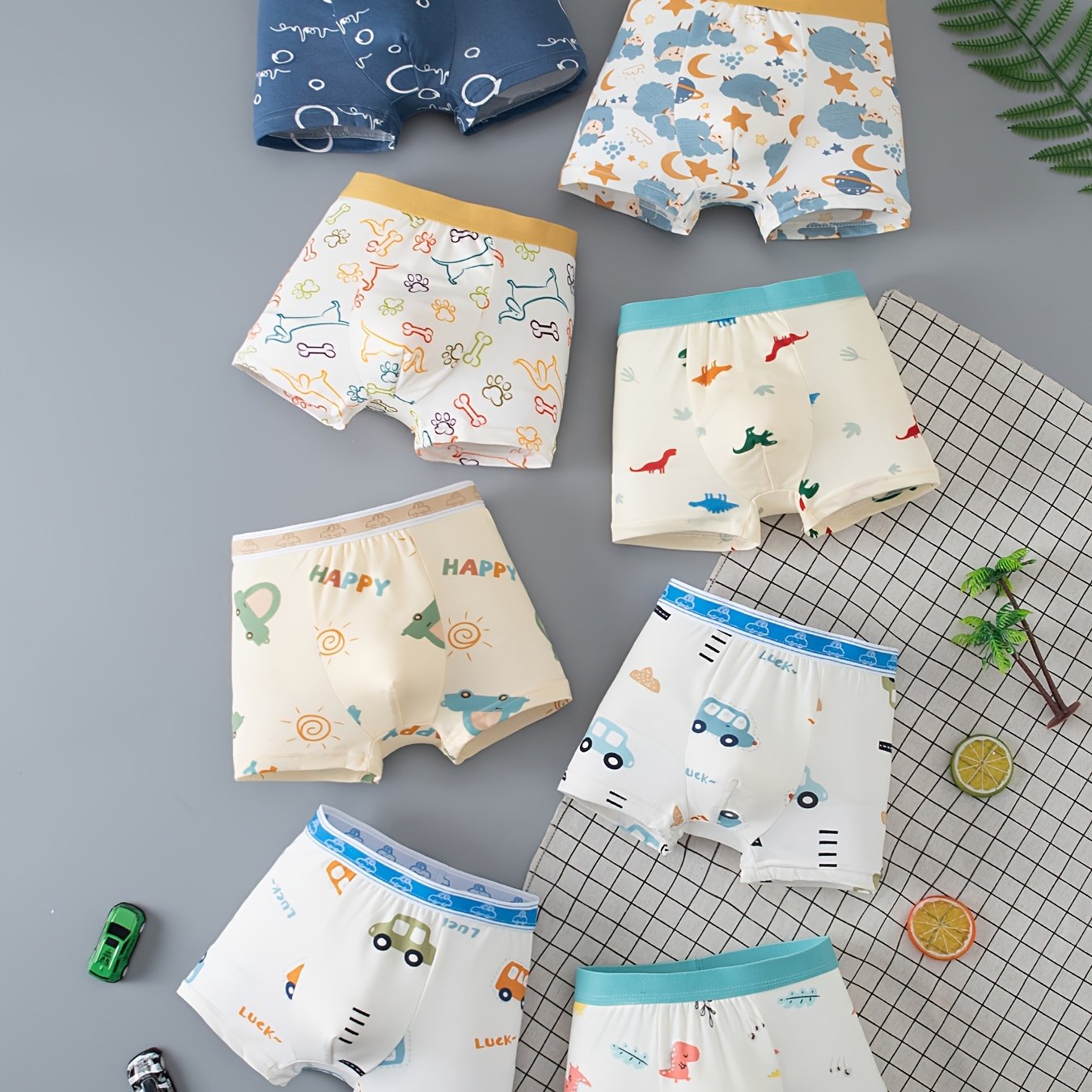TEMU 8pcs Set Of Boys' Underpants, Spring Summer Mid-size Boys Colorful Dinosaur Car Excavator Pattern Boxer Briefs Print Waistband Young Boys