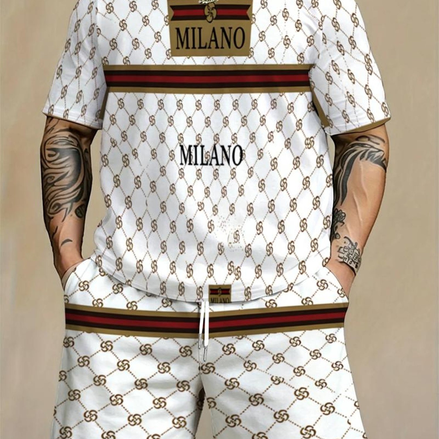 TEMU [printed Design-nottextured] Men's Plus Size Casual Sportswear Set, Golden Pattern, Multiple Specifications , Mixed Color, Elegant , Vacation