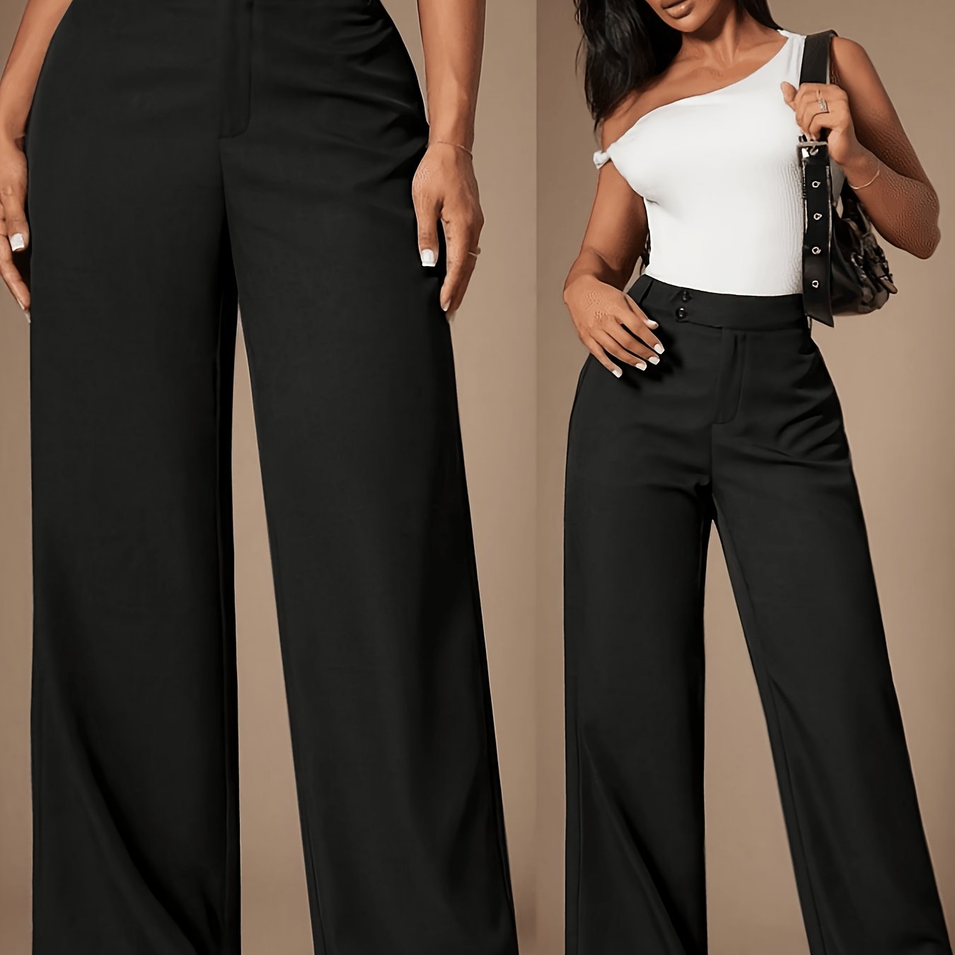 TEMU Women's Minimalist Modern High-waist Black Straight-leg Pants, Black Dress Pants, Loose Casual Pants, Casual Business Women's Wear, Elegant
