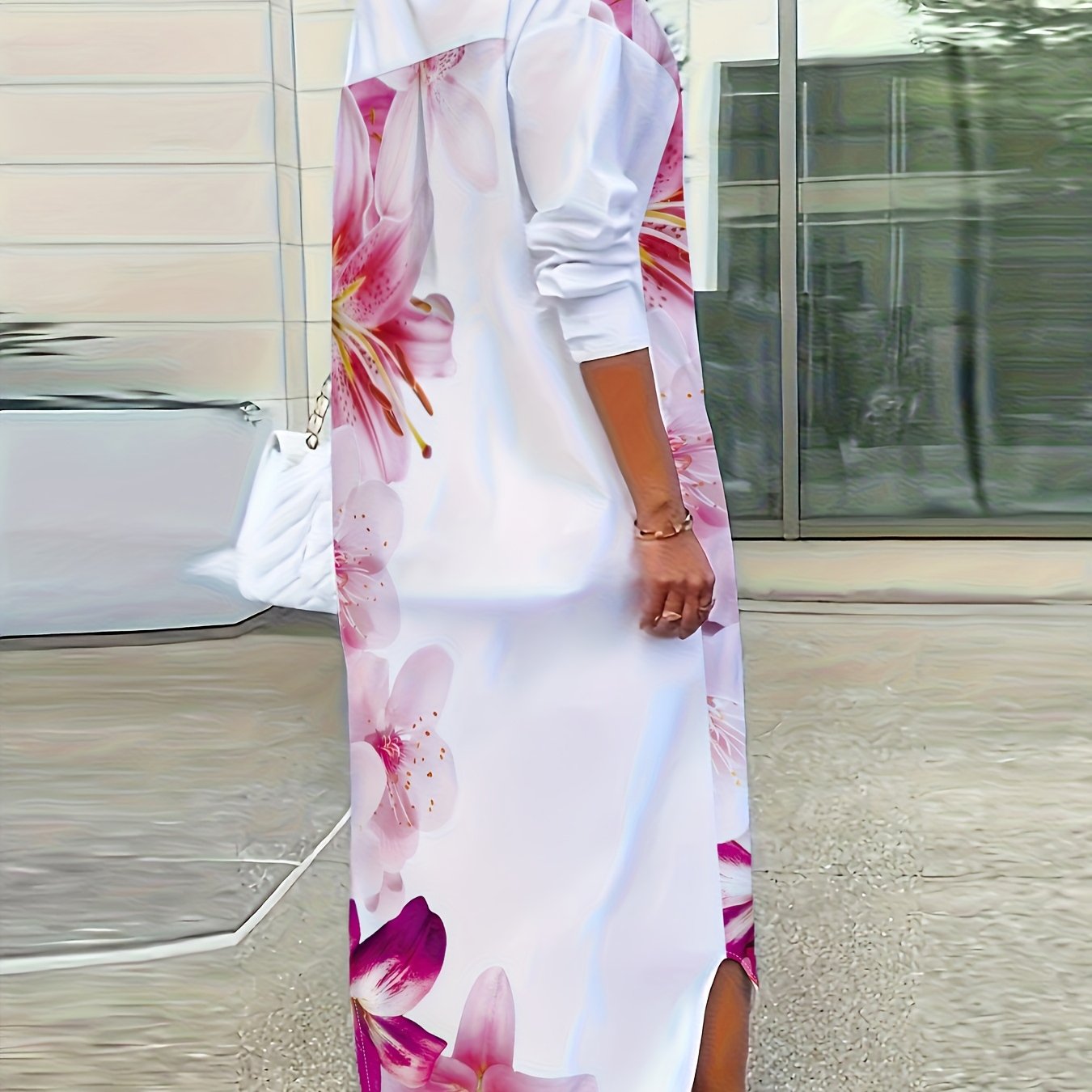 Plus Size, Plus Size Women's Casual Floral Print Shirt Dress Suitable For Spring And Autumn