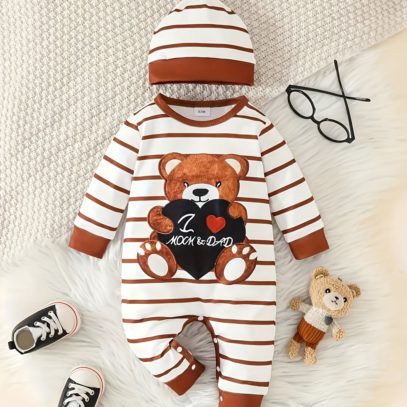 Image of Autumn New Baby Clothes Cute Bear Long Sleeve Striped Onesie With Hat, Outdoor Use, For Outdoor