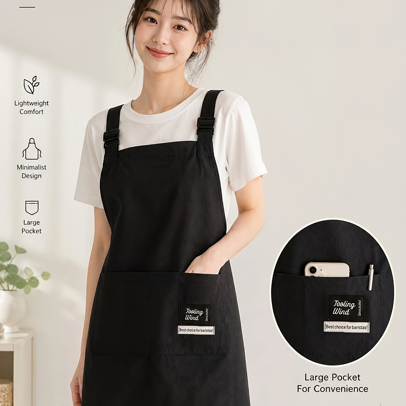 TEMU Minimalist Style Adjustable Strap Black Apron, Featuring Large Multi-, Breathable Lightweight Work Apron, Suitable For Women Use; Fashionable