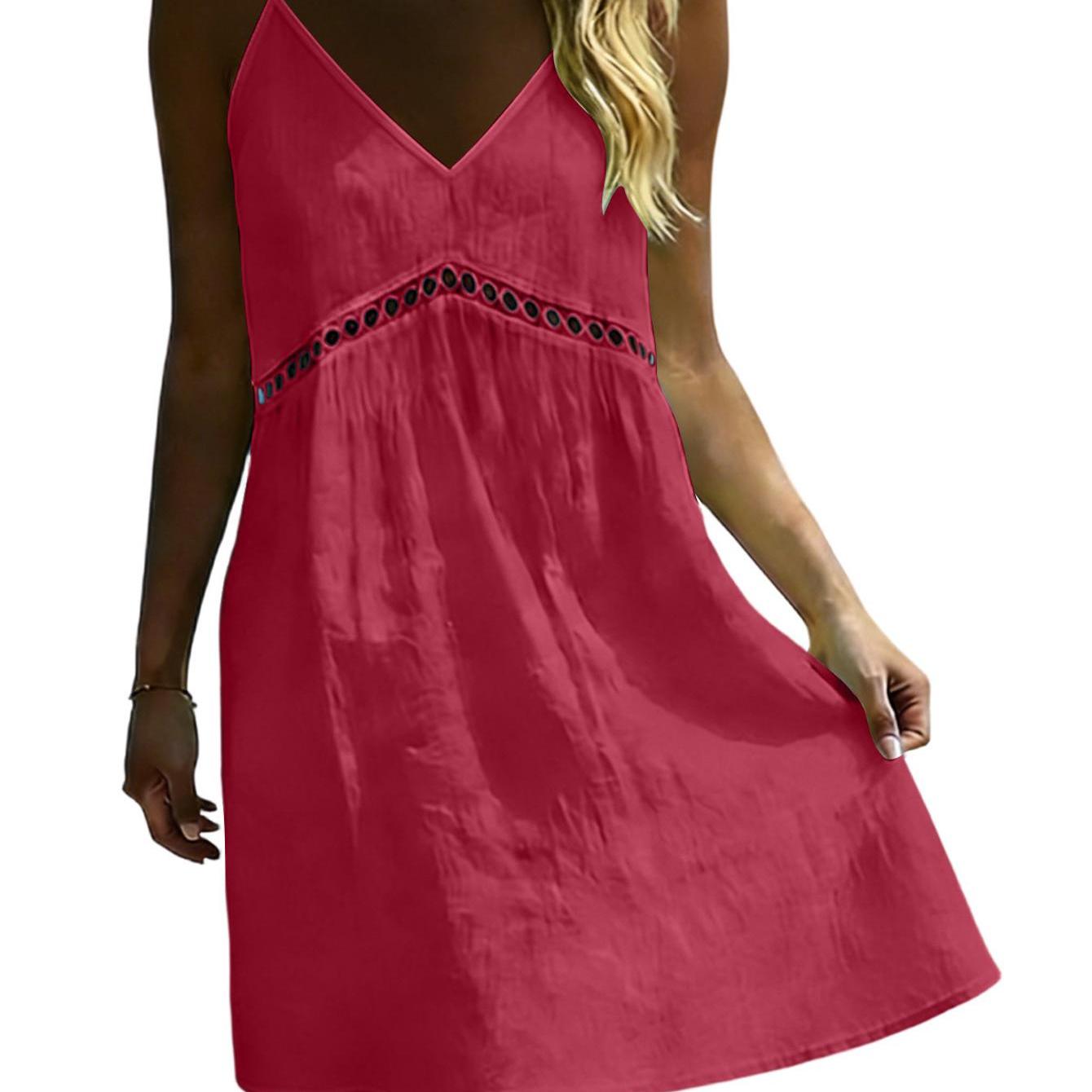Image of Women's V-neck Sundress Spaghetti Strap A-line Mini Dress With Eyelet Embroidery, Boho Casual Summer Dress