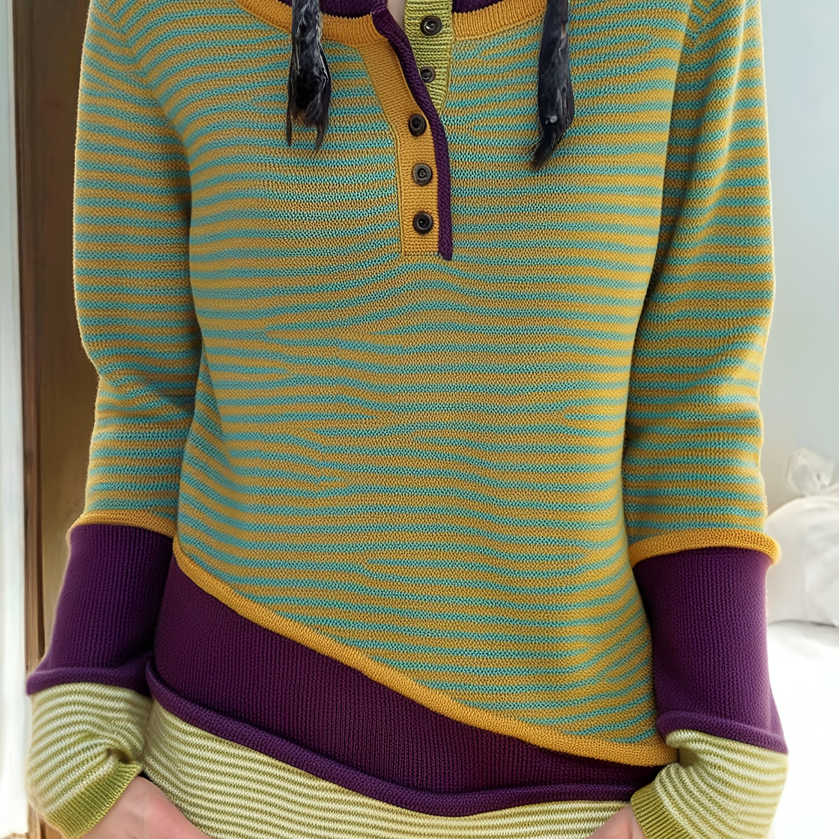 E-shop Y2K Mode Gestreifter Farbblock-Pullover mit Ein-Knopf-Look für lässigen Stil