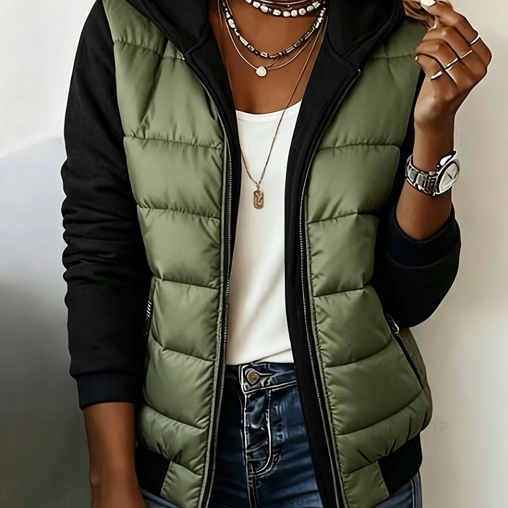 TEMU Autumn Winter Women's Fashion Casual Color-block Two-piece Jacket Warm Coat