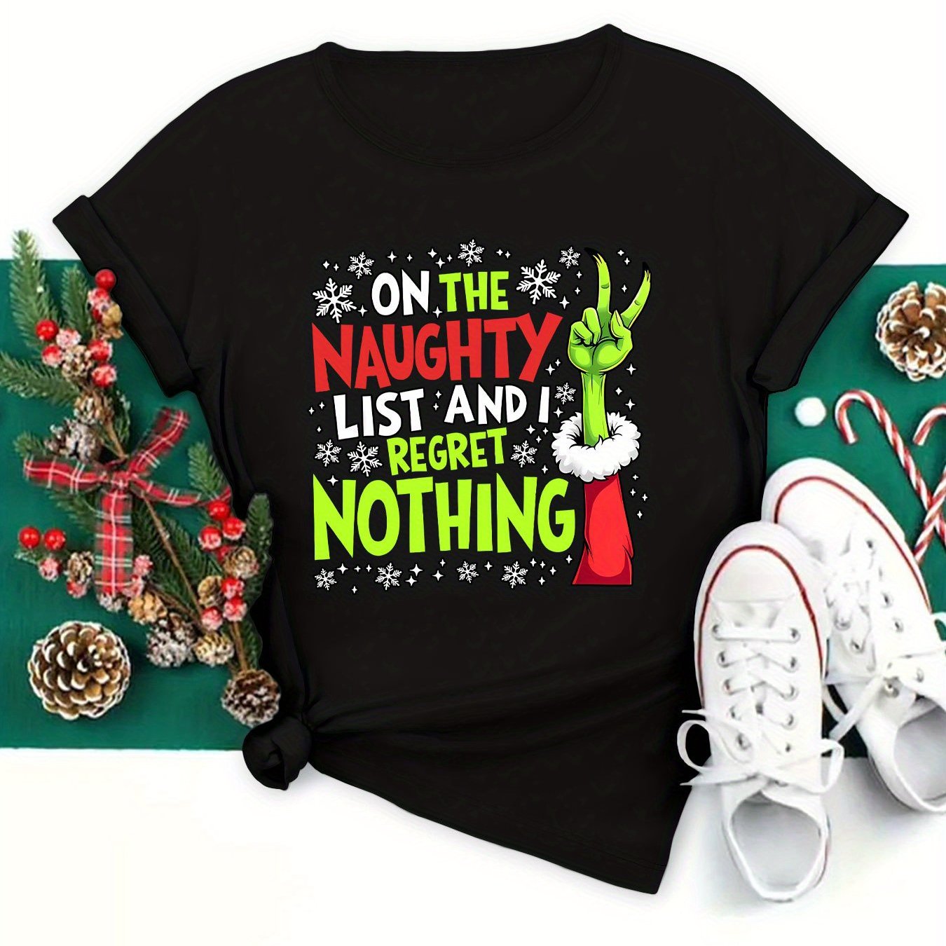 TEMU Vêtement de Noël Grande Taille pour Femme "SUR DES MÉCHANTS ET JE NE REGRETTE " Motif du Père Noël, Mode de Soirée Élégante et pour Femme, Coupe